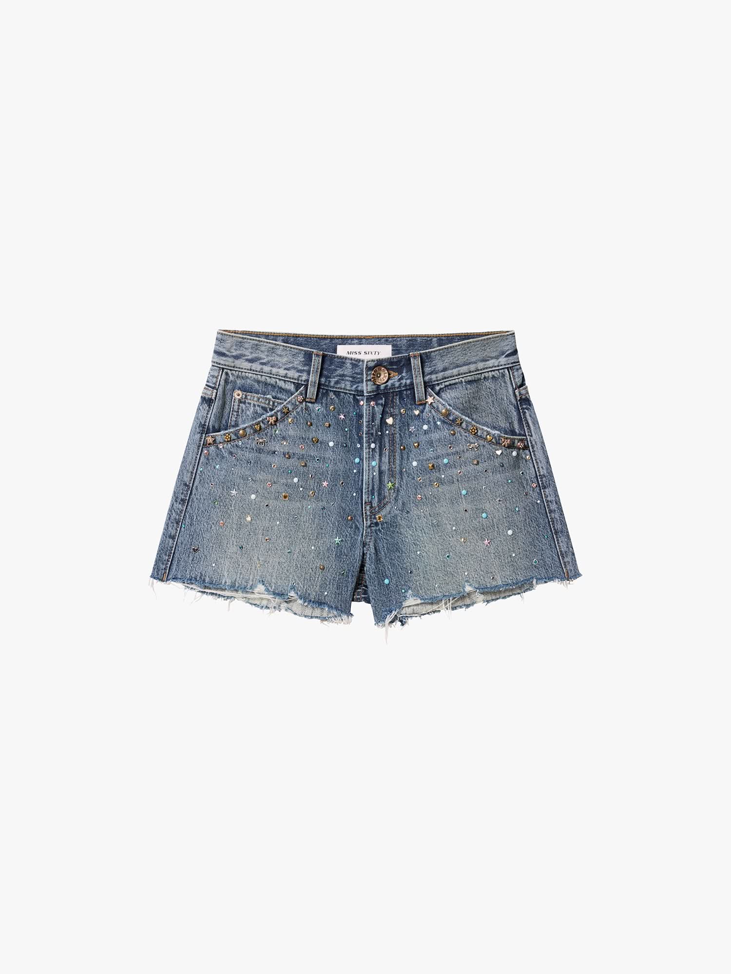 Rhinestone-Embellished Denim Shorts
