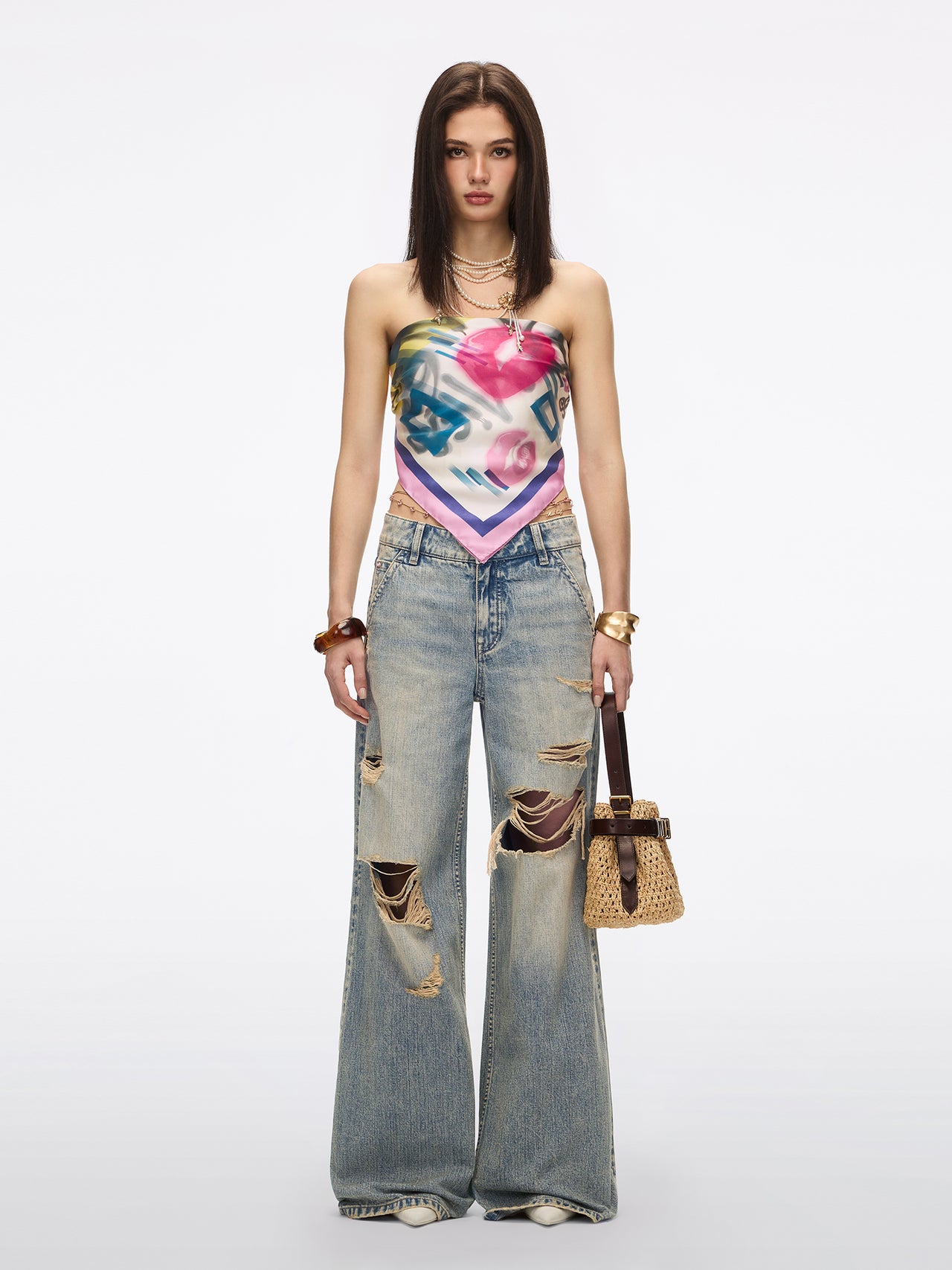 Chain-Detail Flare Jeans