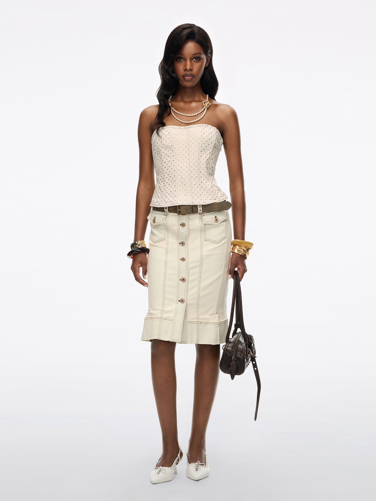 Pearl Feather-Wing Denim Skirt