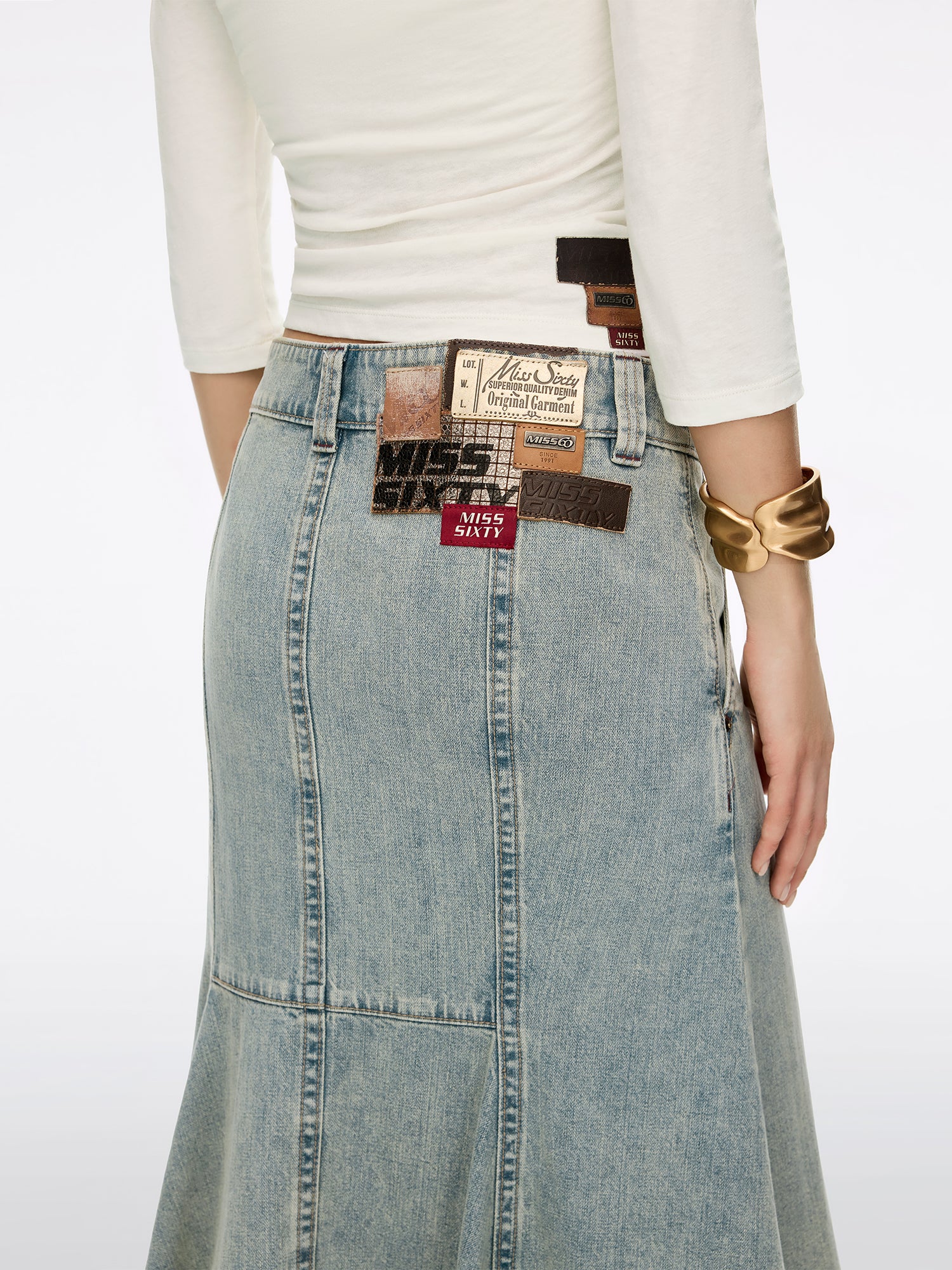 Multi-Patch Denim Maxi Skirt