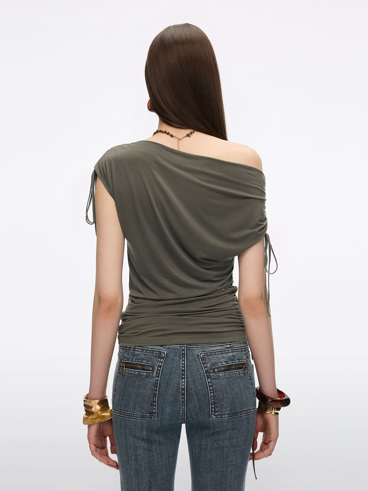 Asymmetric Shoulder Drawstring T-Shirt