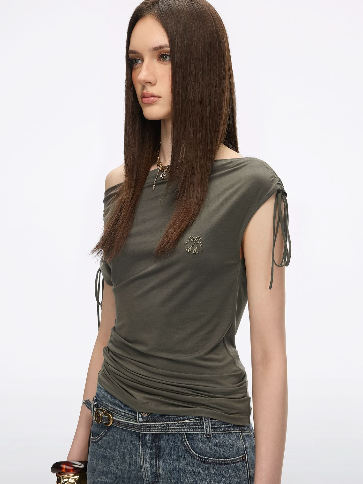 Asymmetric Shoulder Drawstring T-Shirt