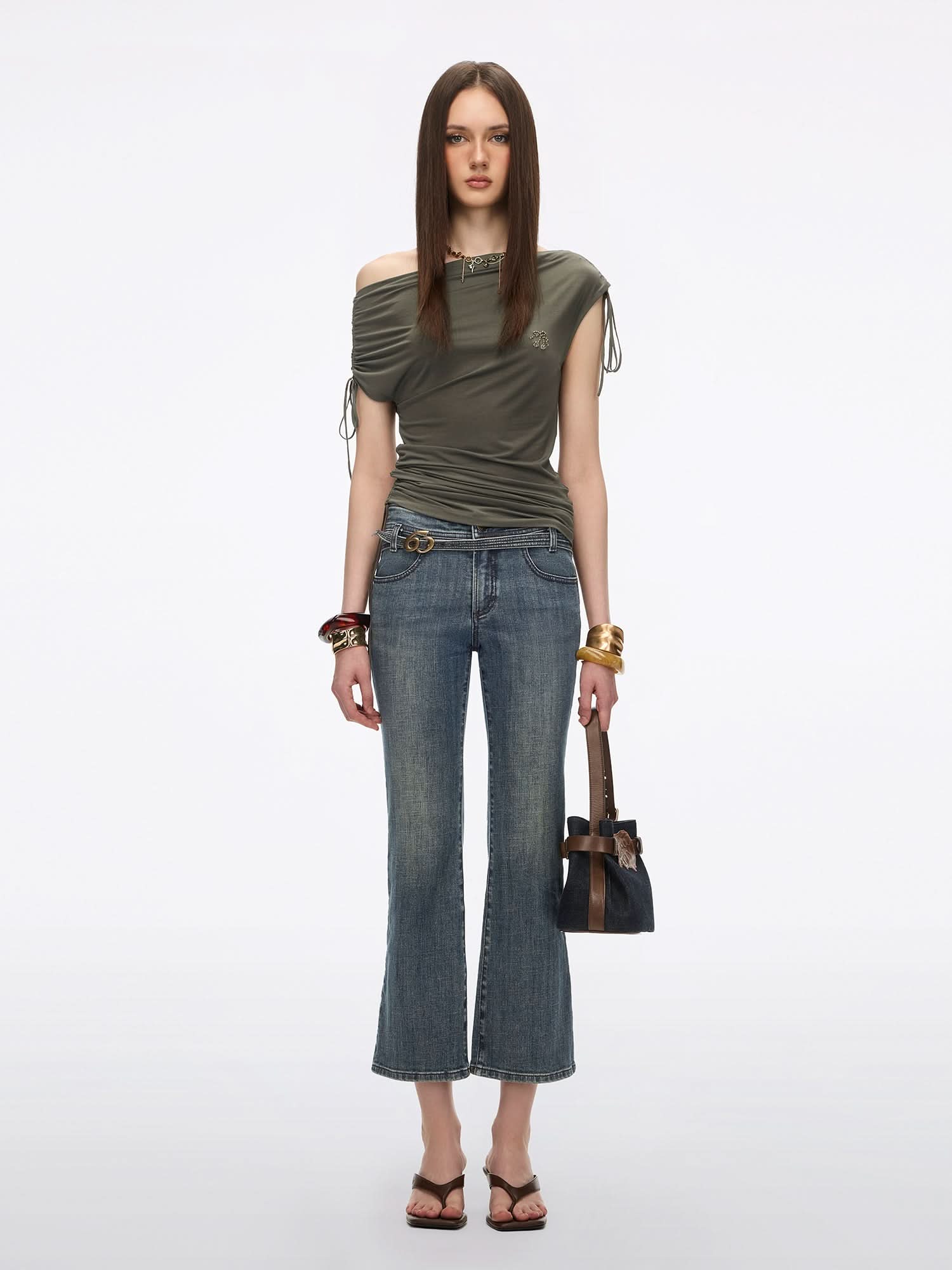 Asymmetric Shoulder Drawstring T-Shirt