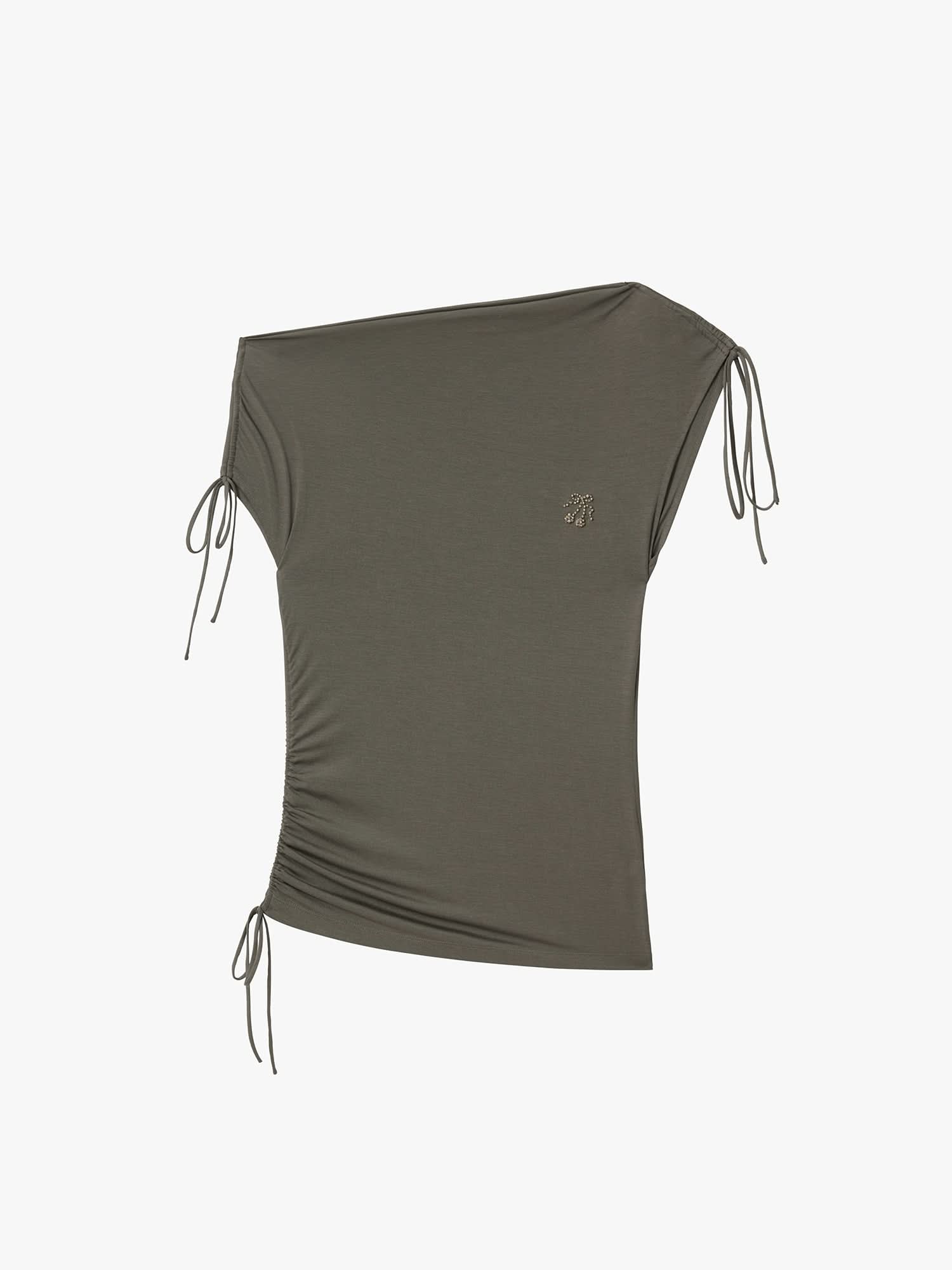 Asymmetric Shoulder Drawstring T-Shirt