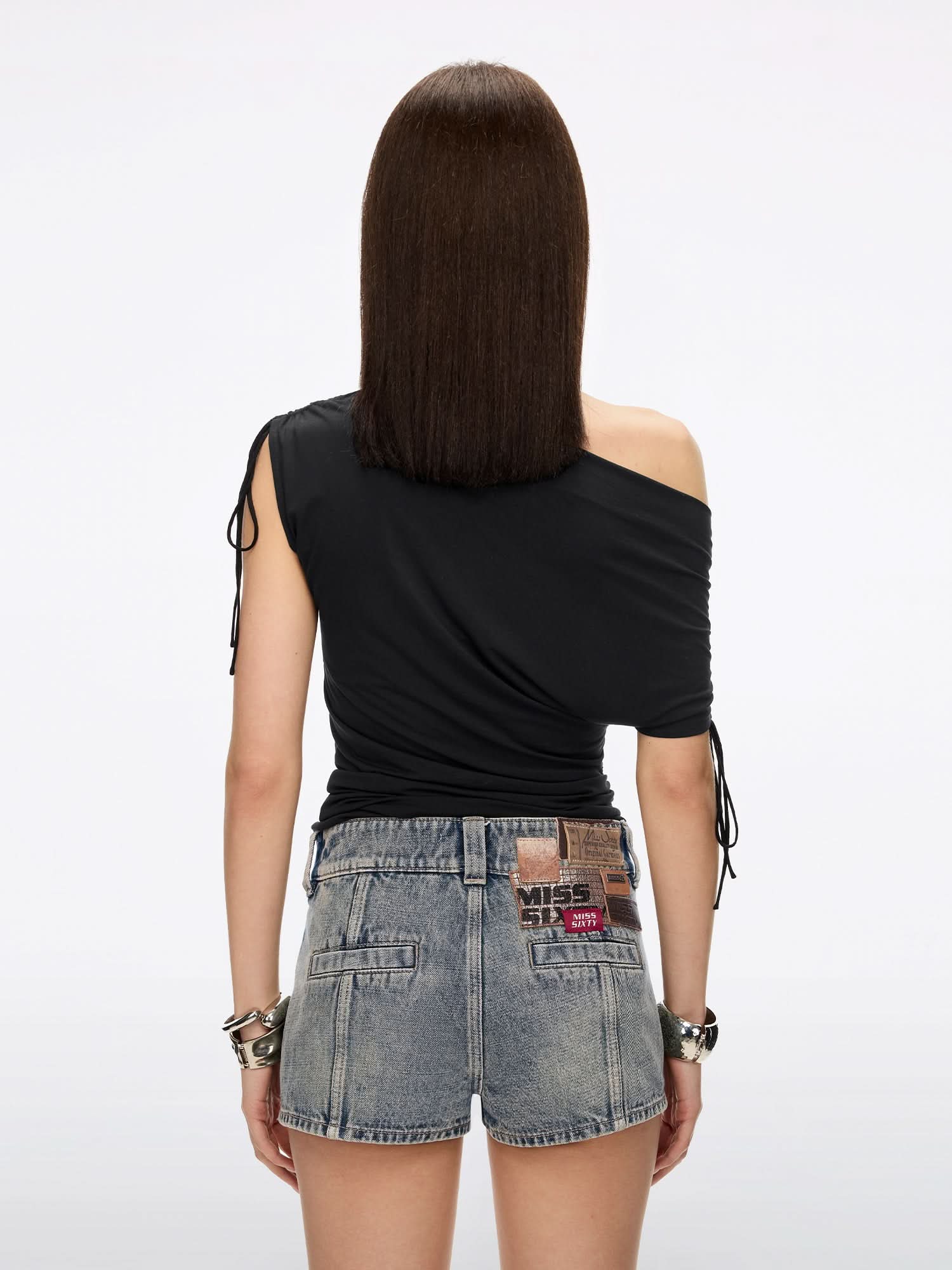 Asymmetric Shoulder Drawstring T-Shirt