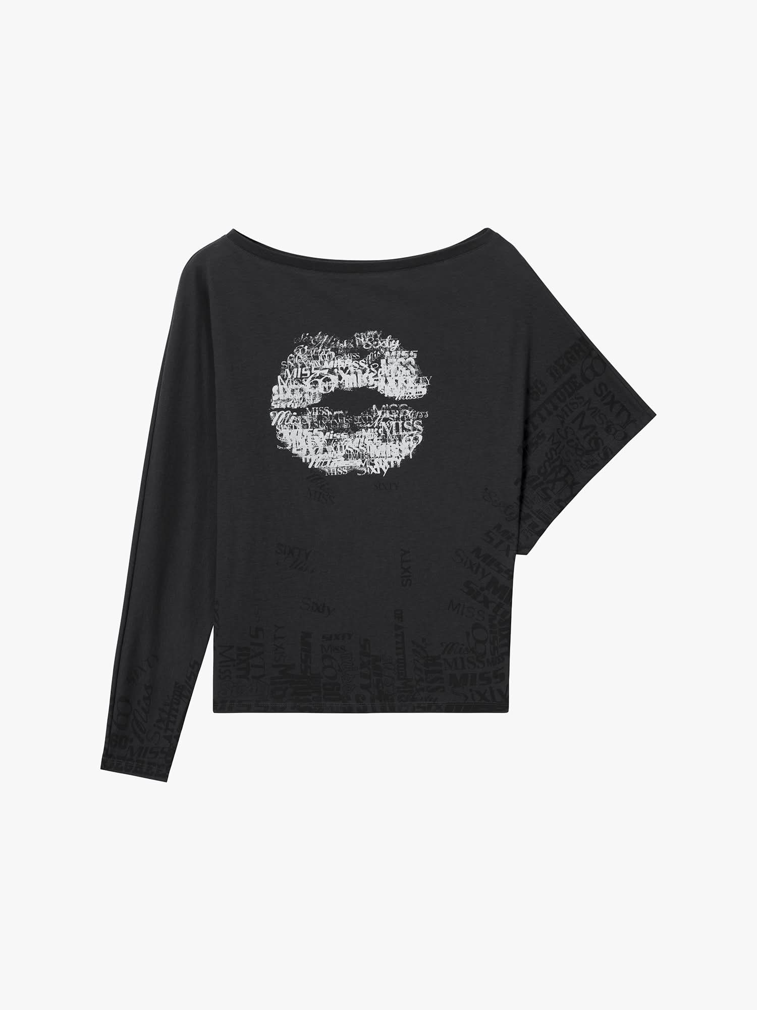 Asymmetric Sleeve Lip-Print T-Shirt