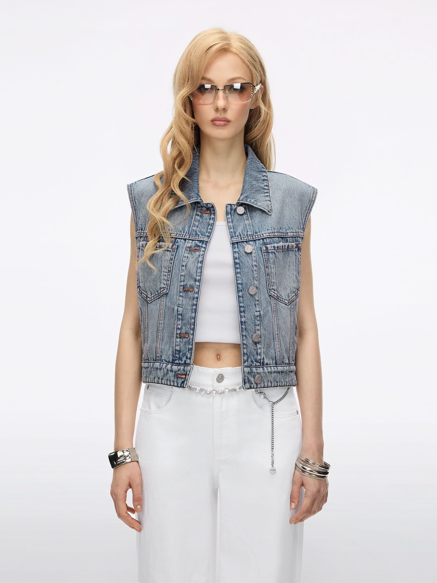 Distressed Wing-Detail Denim Vest