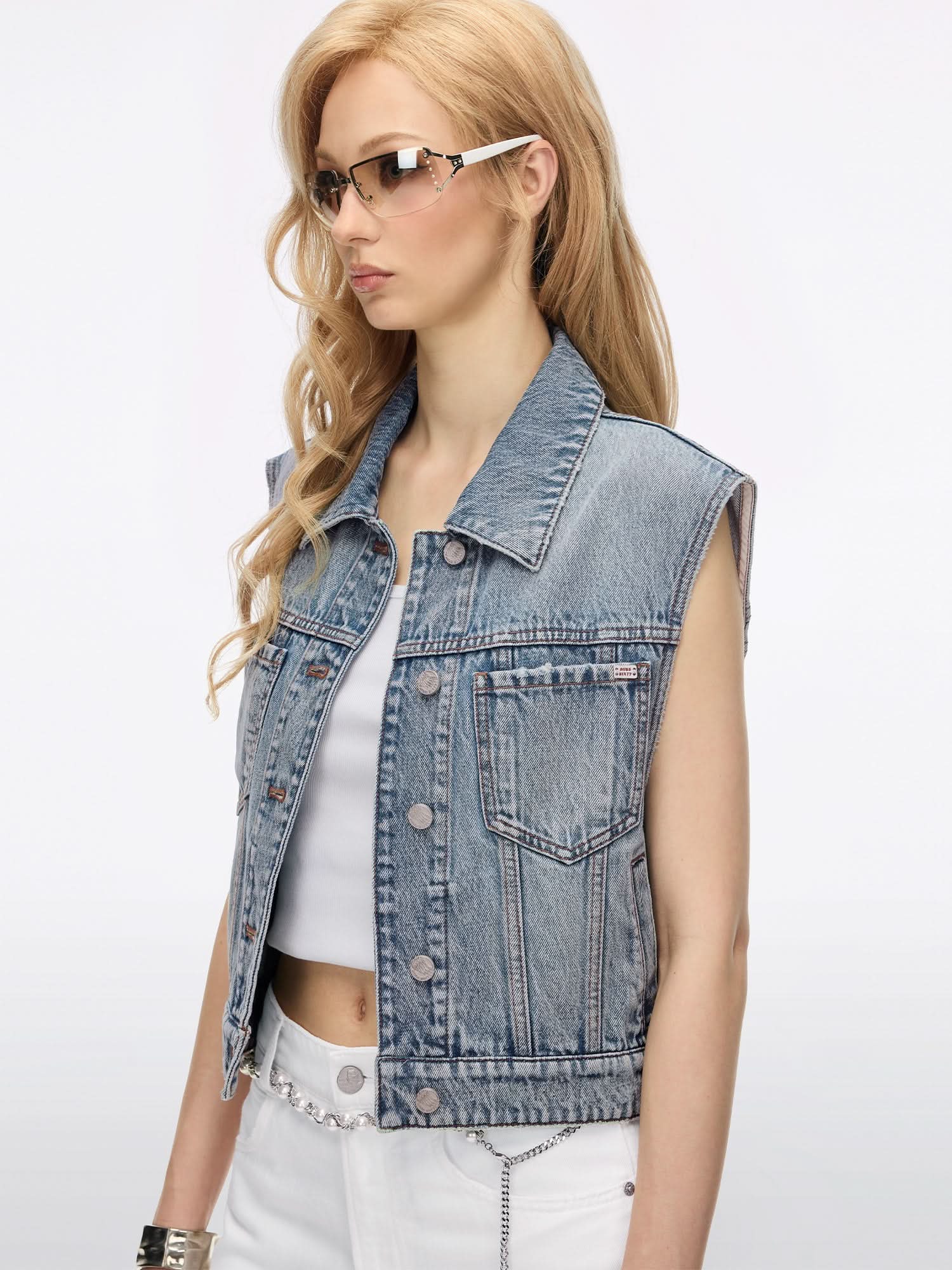 Distressed Wing-Detail Denim Vest