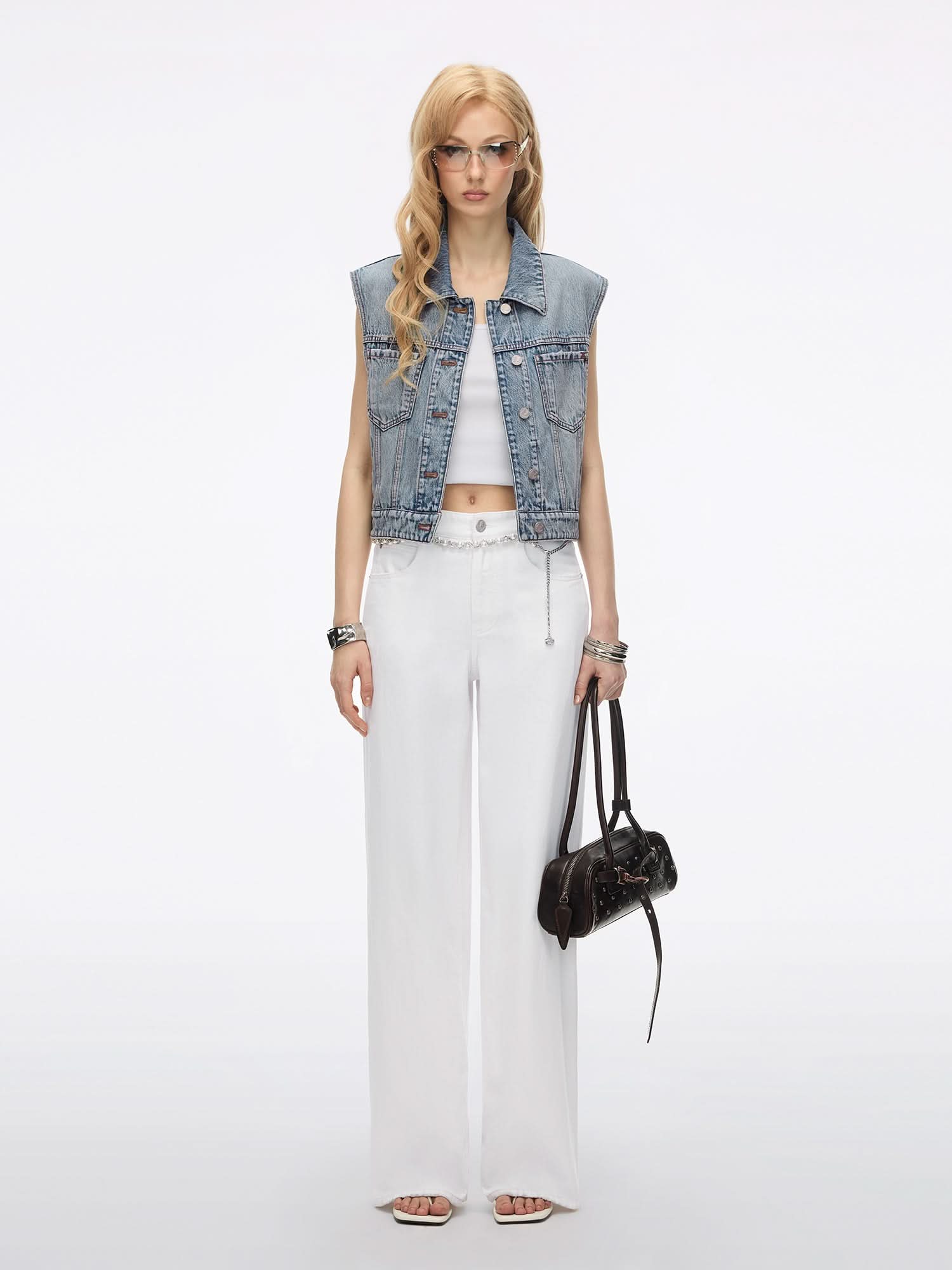 Distressed Wing-Detail Denim Vest