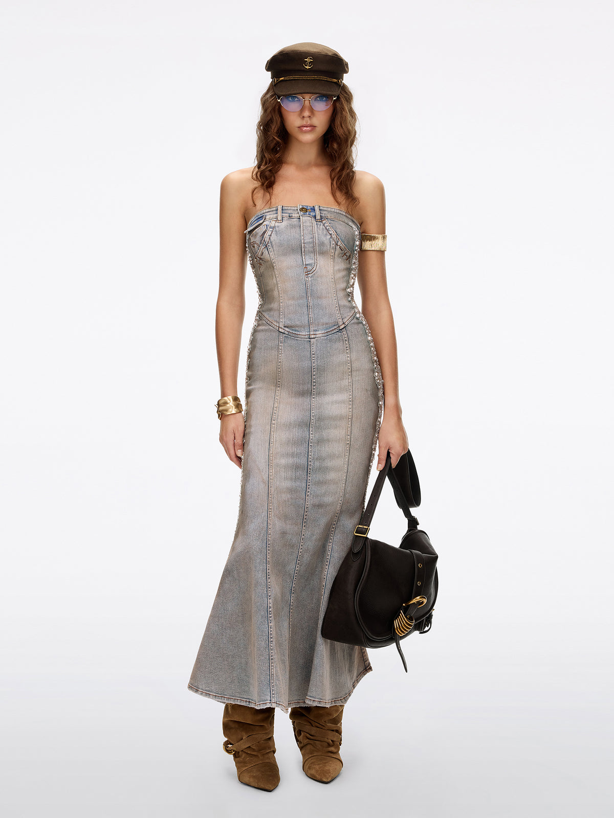 Pearl Rhinestone Denim Dress