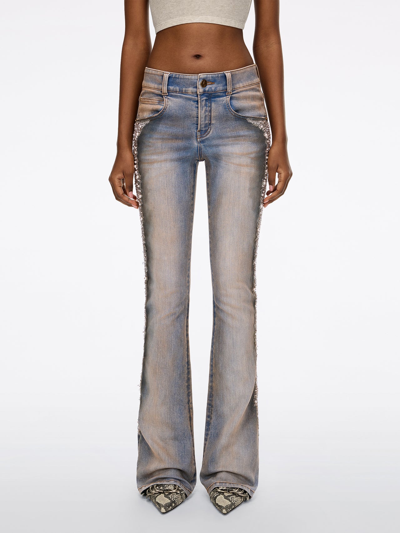 Pearl Rhinestone Flared Jeans