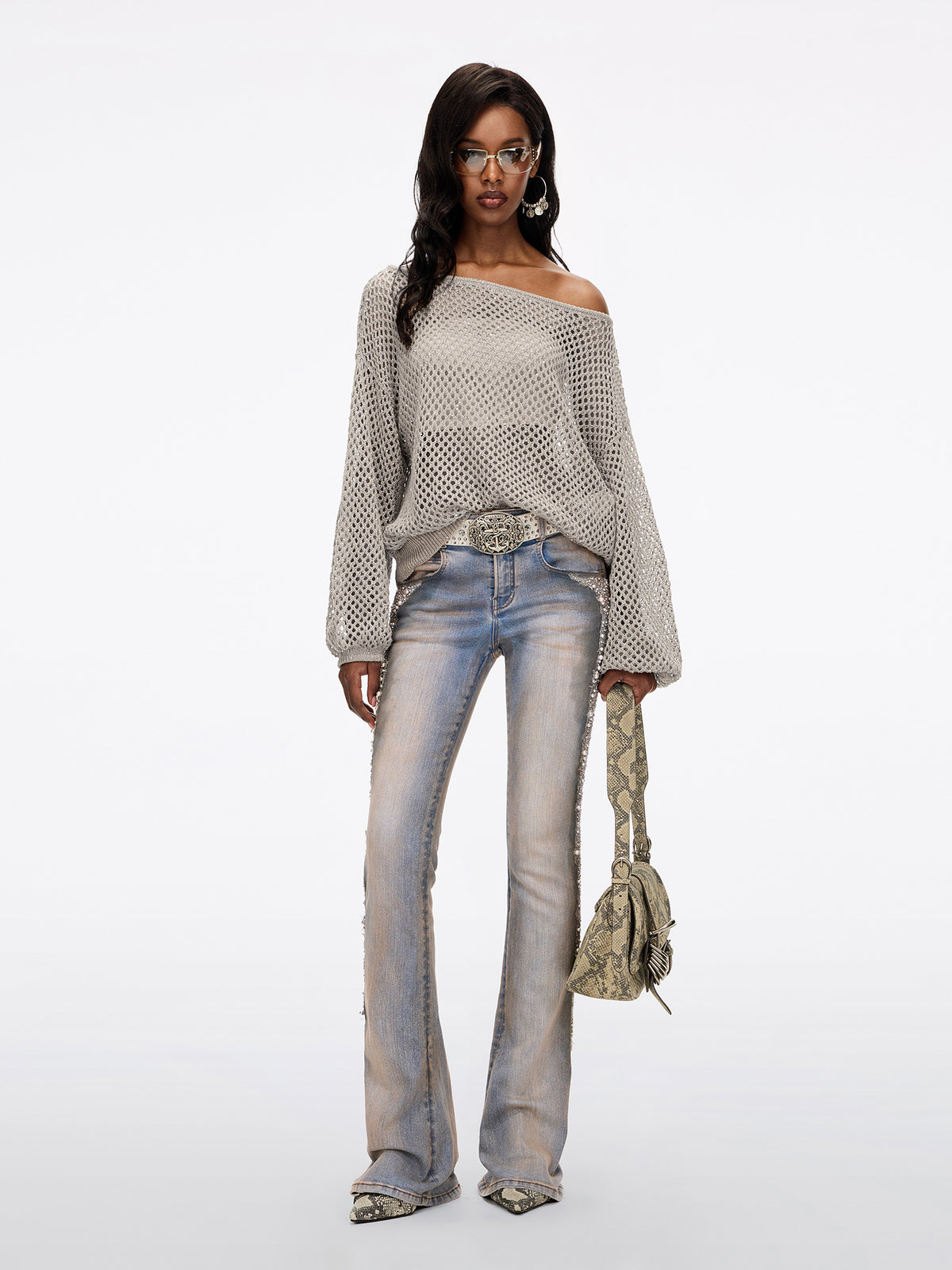 Pearl Rhinestone Flared Jeans