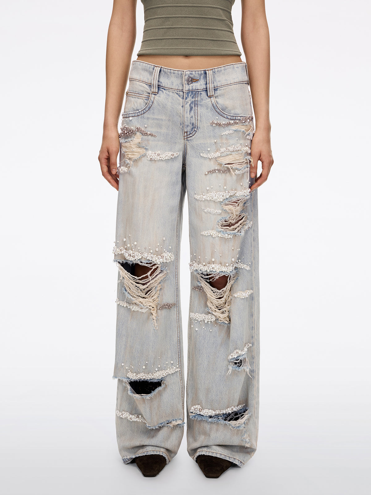 Distressed Pearl-Embellished Wide-Leg Jeans