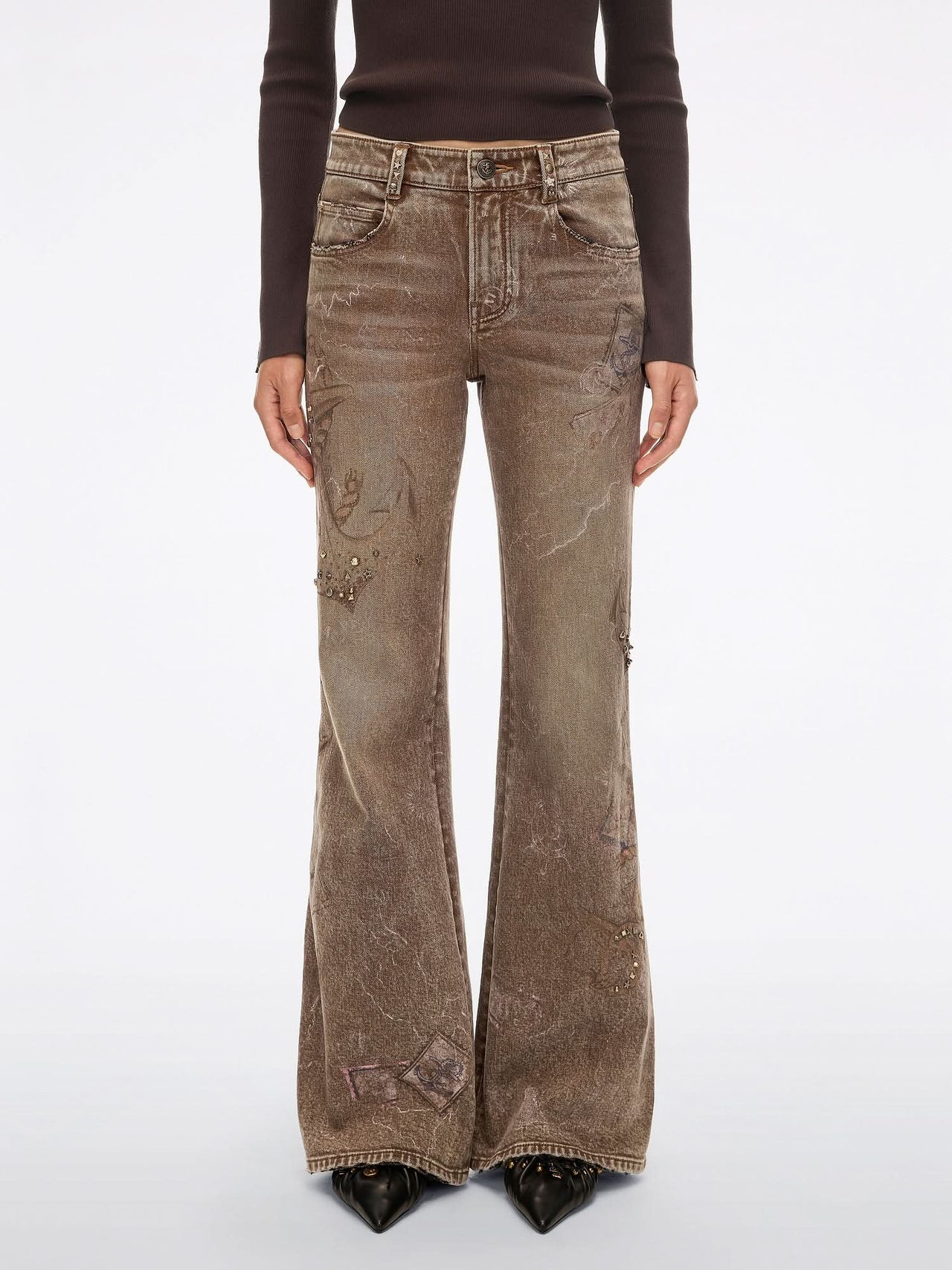 Printed Studded Flared Jeans