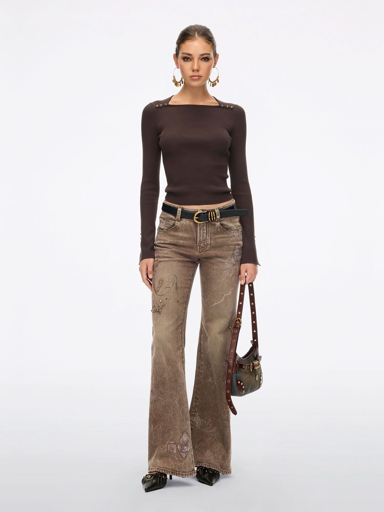 Printed Studded Flared Jeans
