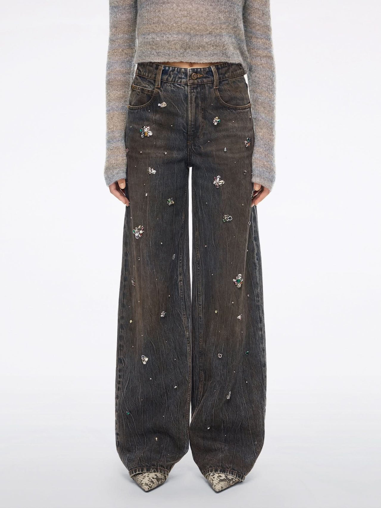 Distressed Beaded Straight-Leg Jeans