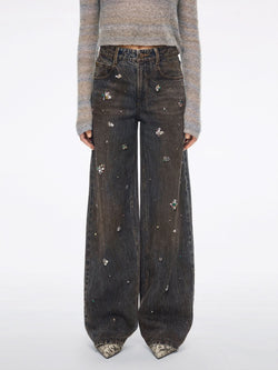 Distressed Beaded Straight-Leg Jeans