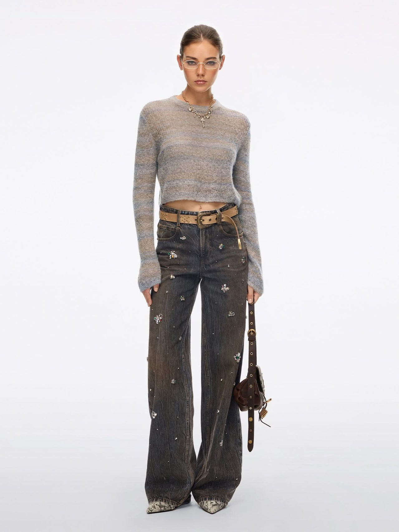 Distressed Beaded Straight-Leg Jeans