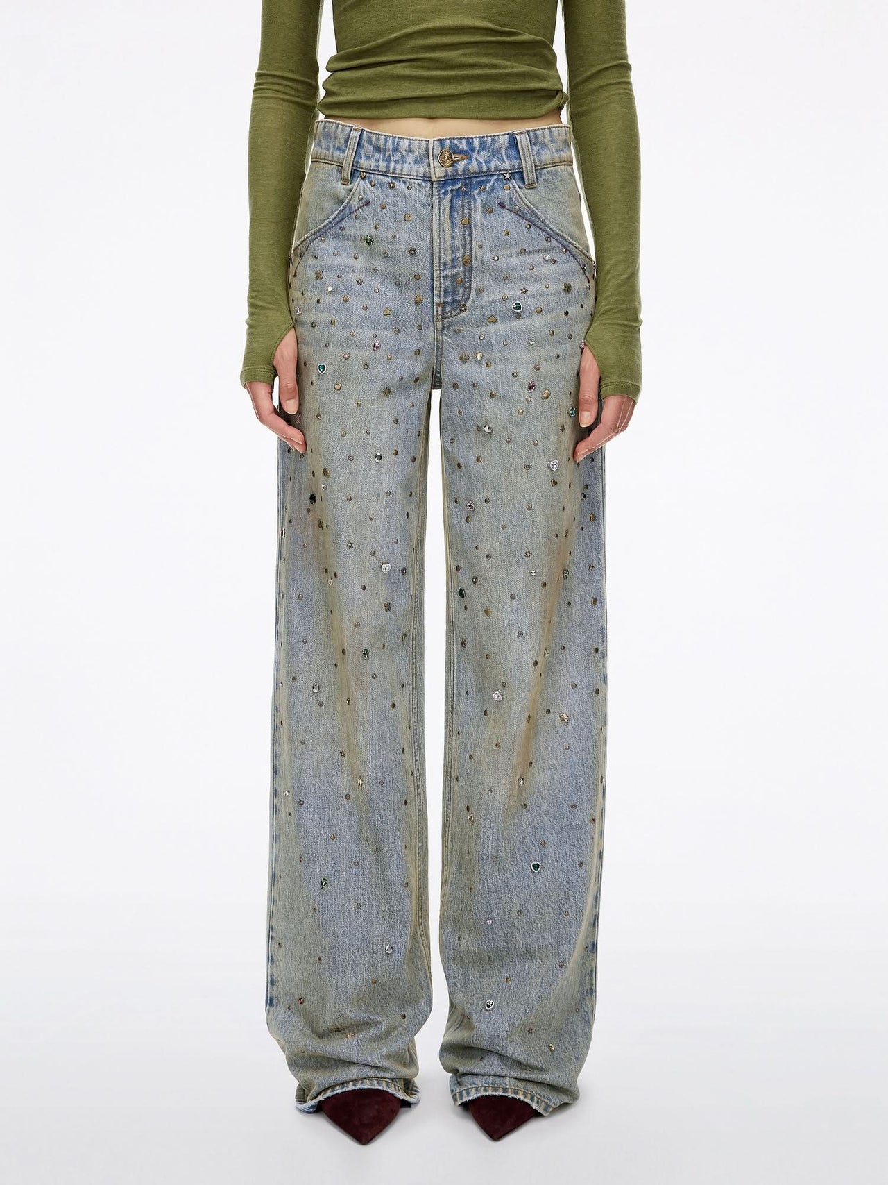 Beaded Straight Jeans with Waist Chain