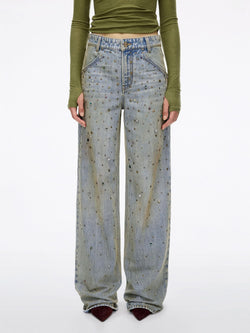 Beaded Straight Jeans with Waist Chain