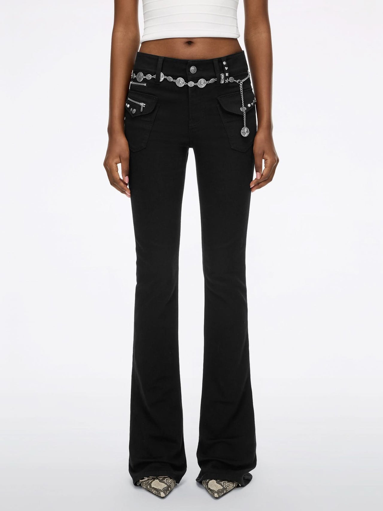 Beaded Flared Jeans with Waist Chain