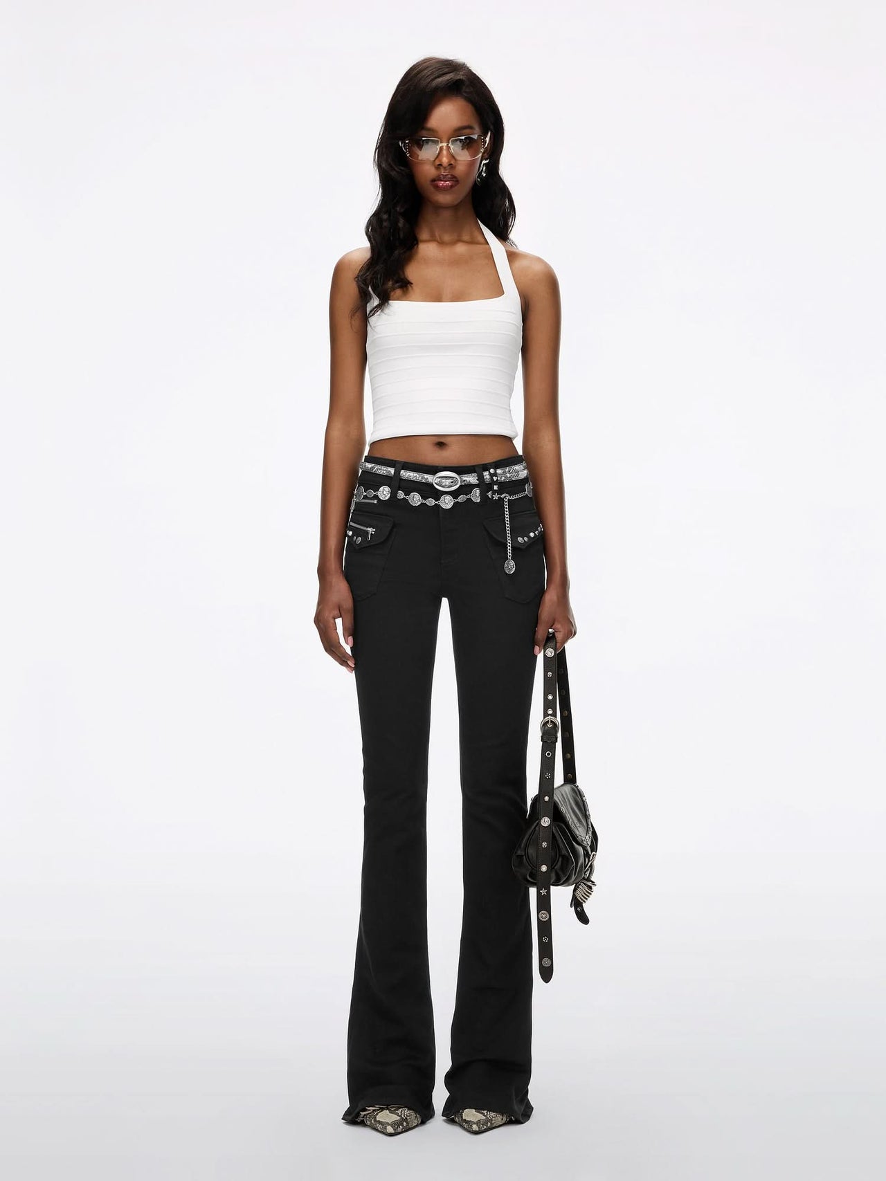 Beaded Flared Jeans with Waist Chain