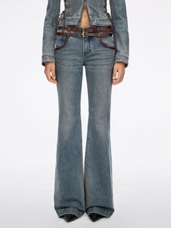 Leather Panel Flared Jeans