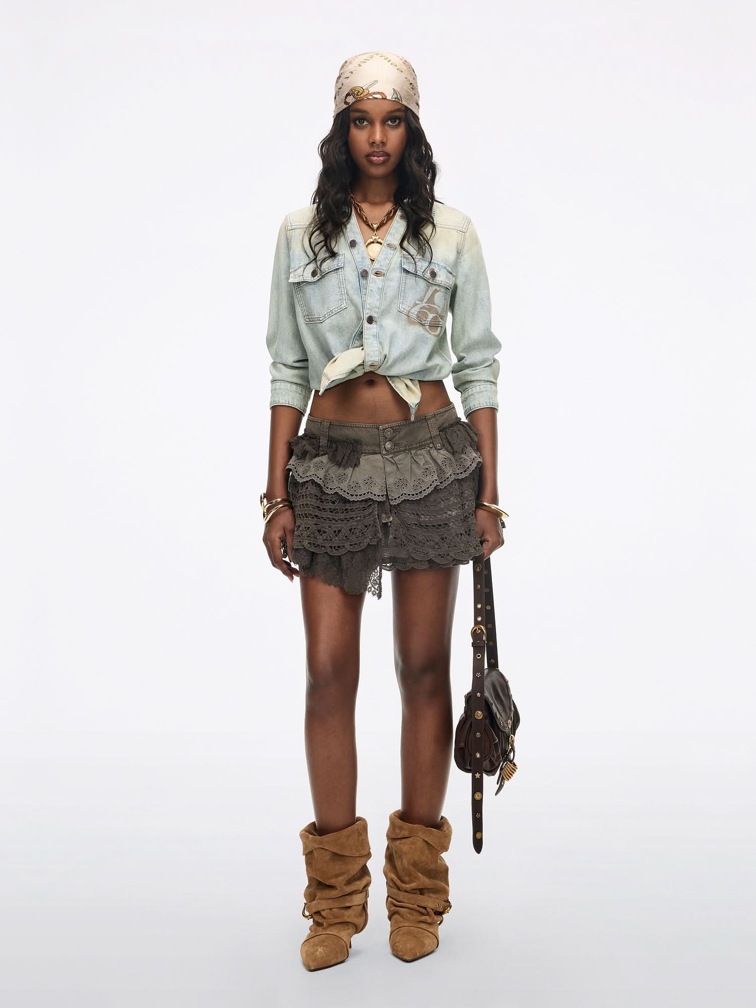 Patchwork Denim Lace Skirt