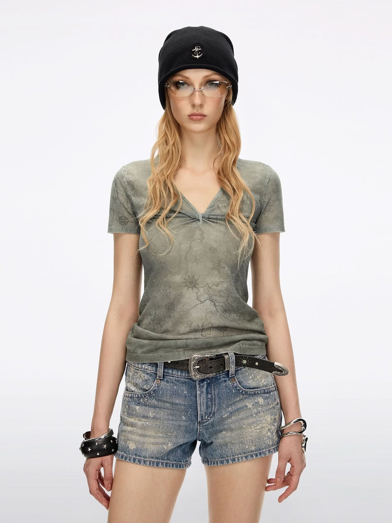 Knot-Front Printed Knit Top
