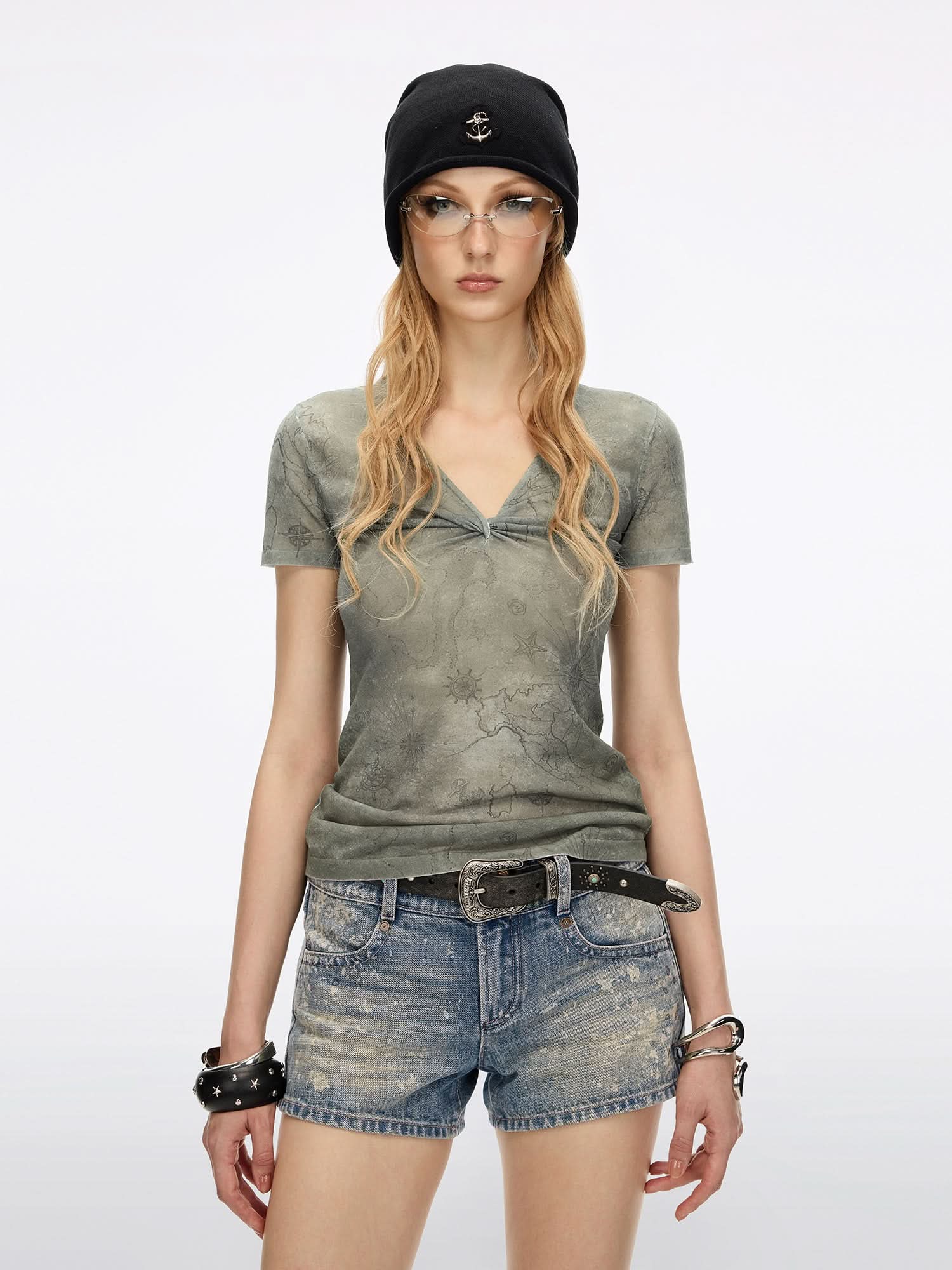 Knot-Front Printed Knit Top