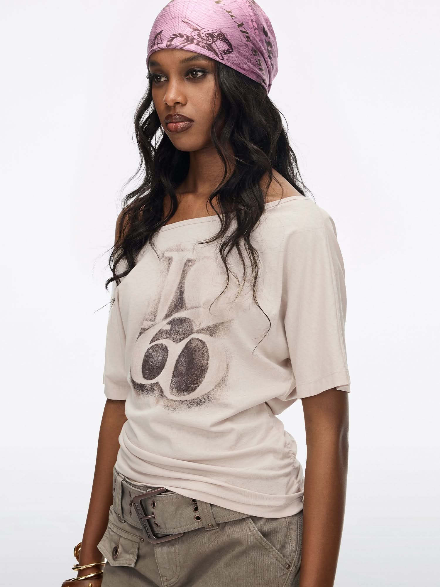 Off-Shoulder Print T-Shirt