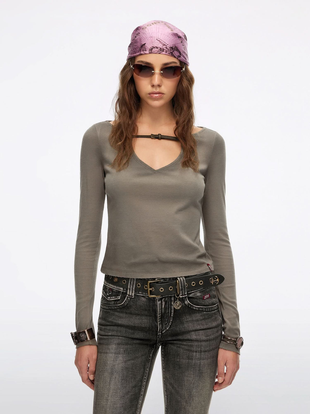 Long Sleeve Distressed Leather-Buckled T-Shirt