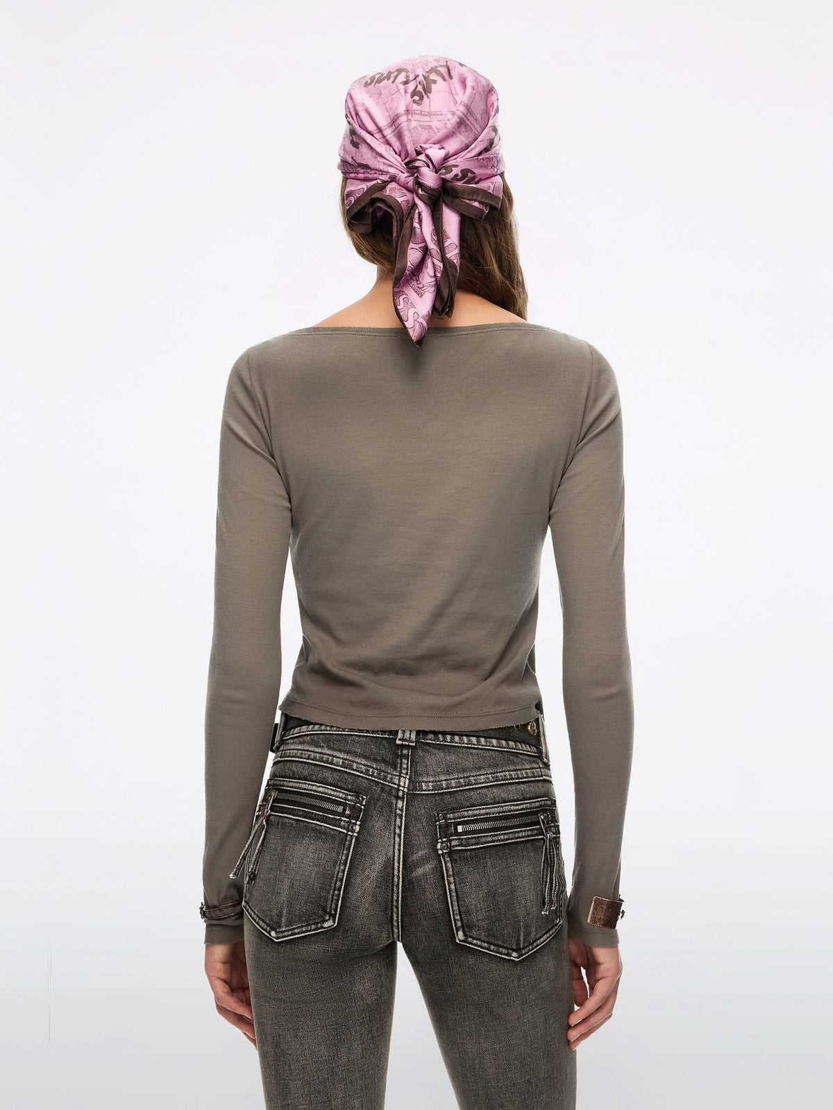Long Sleeve Distressed Leather-Buckled T-Shirt