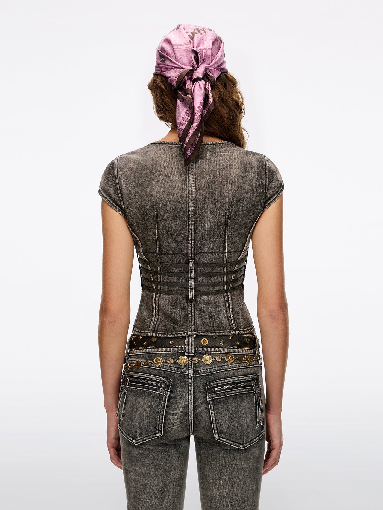 Distressed Lace-Up Denim Shirt