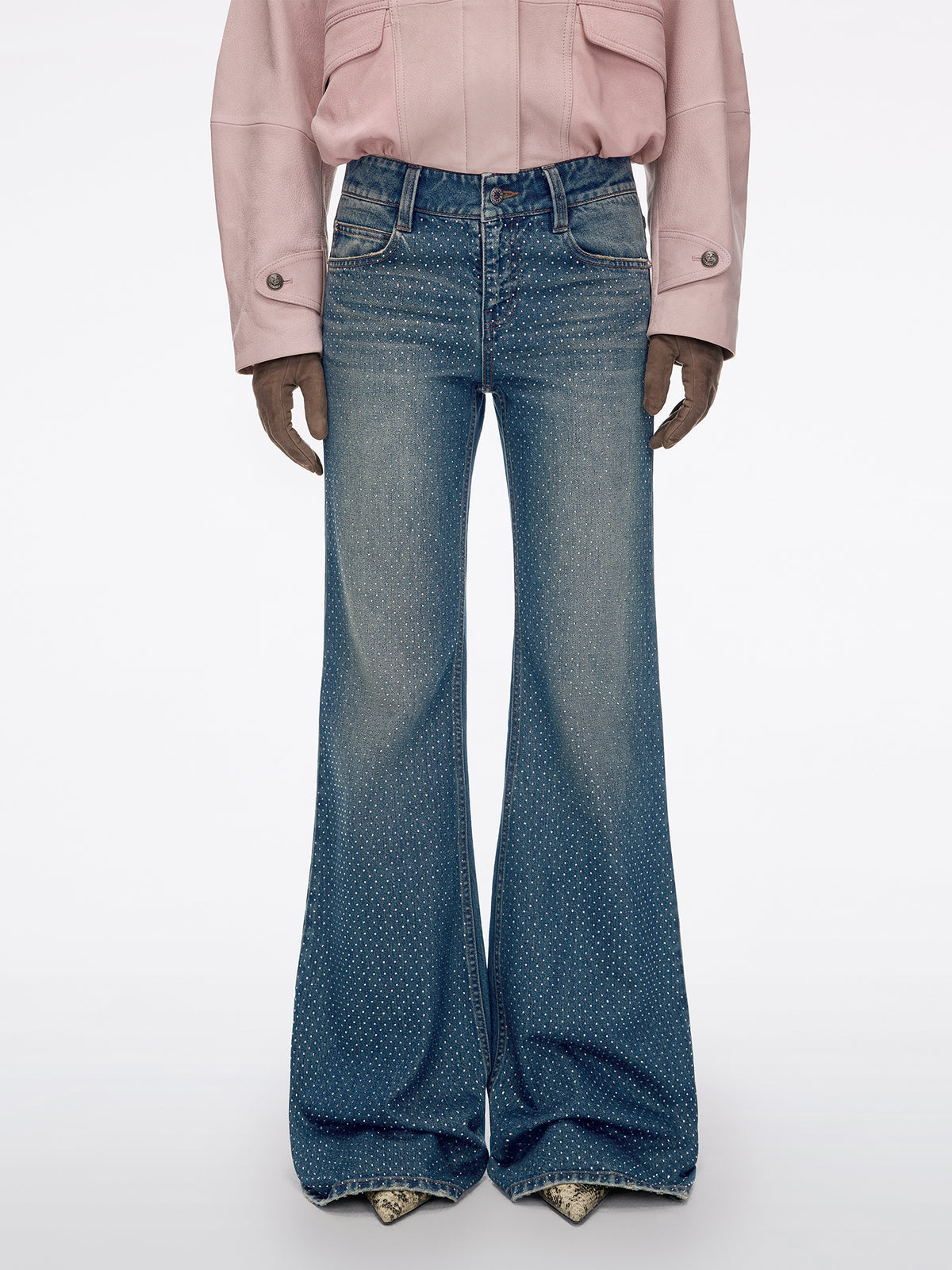 Distressed Rhinestone-Embellished Flare Jeans