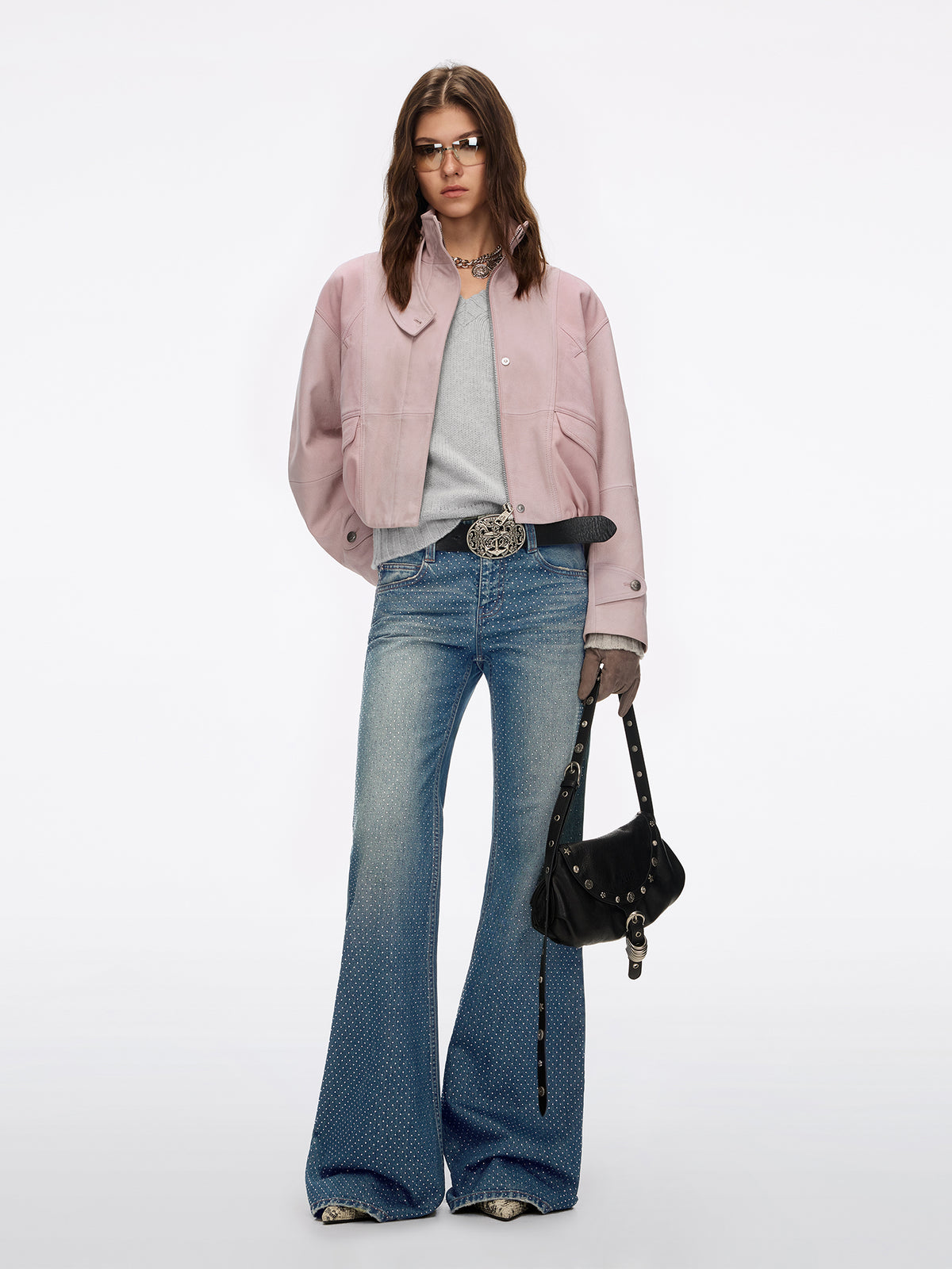 Distressed Rhinestone-Embellished Flare Jeans