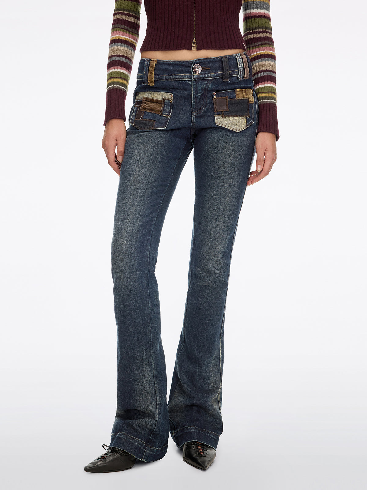 Leather-Paneled Flare Jeans