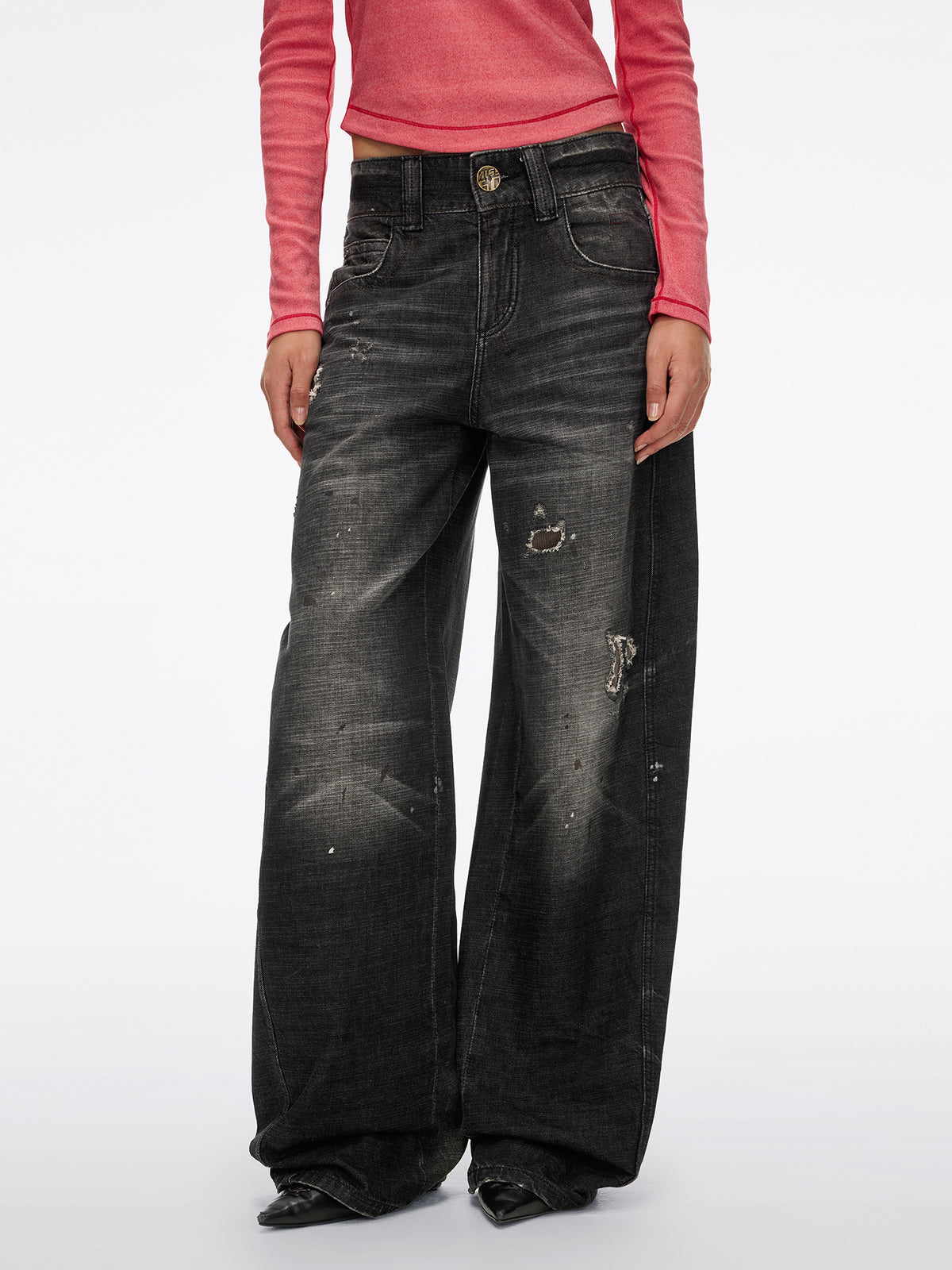Corduroy-Paneled Barrel Jeans