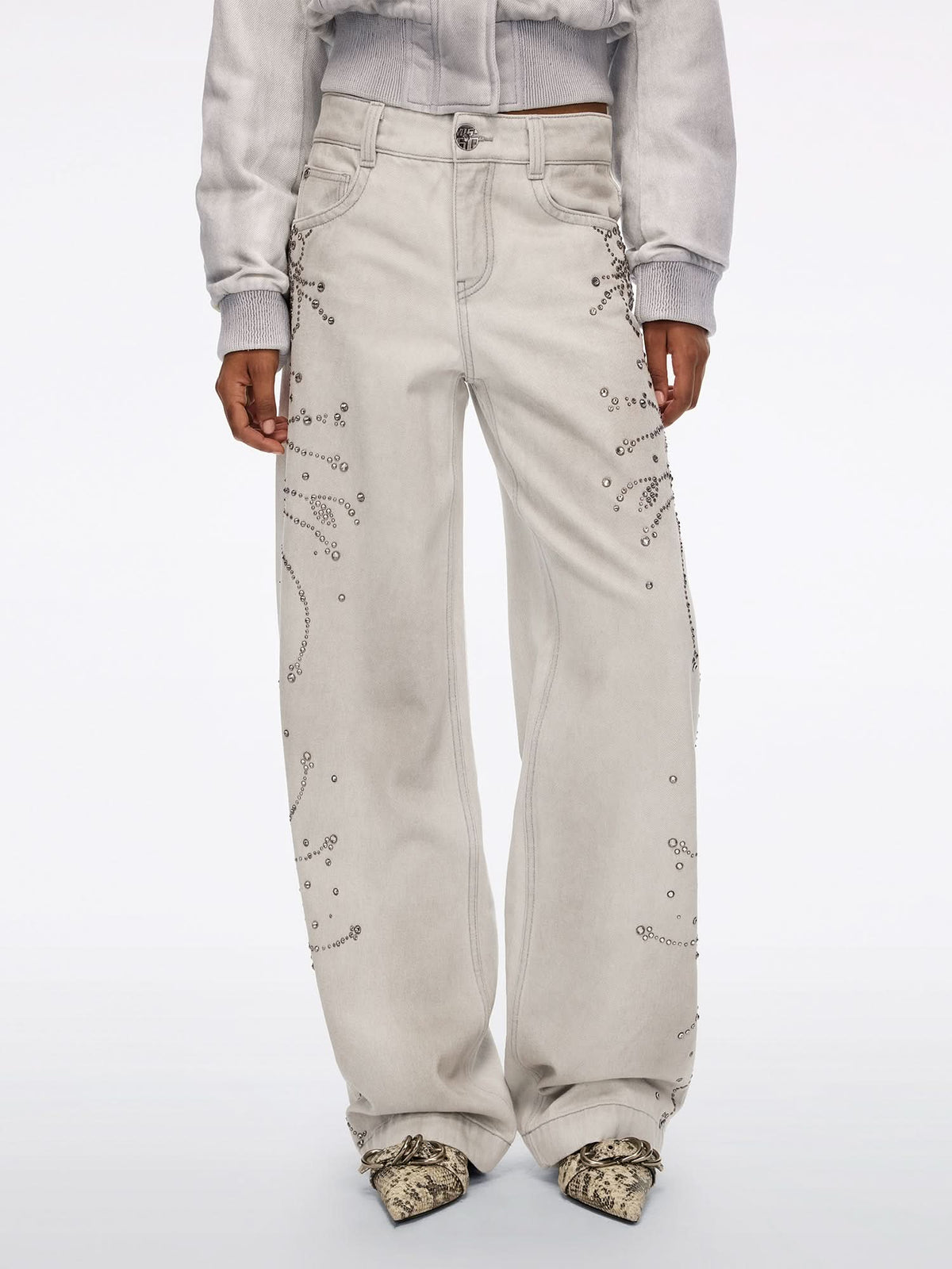 Distressed Rhinestone Wide-Leg Jeans