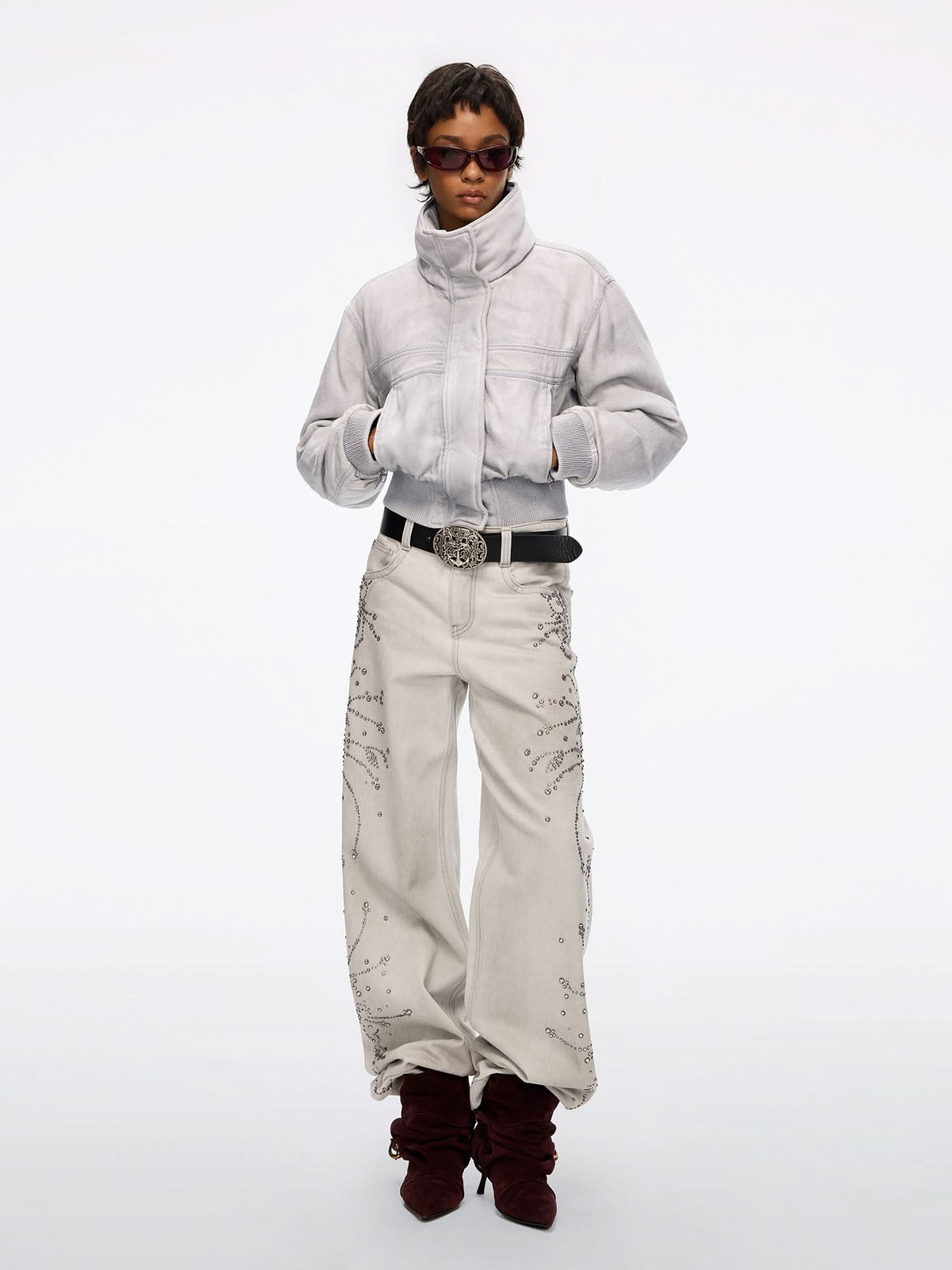 Distressed Rhinestone Wide-Leg Jeans