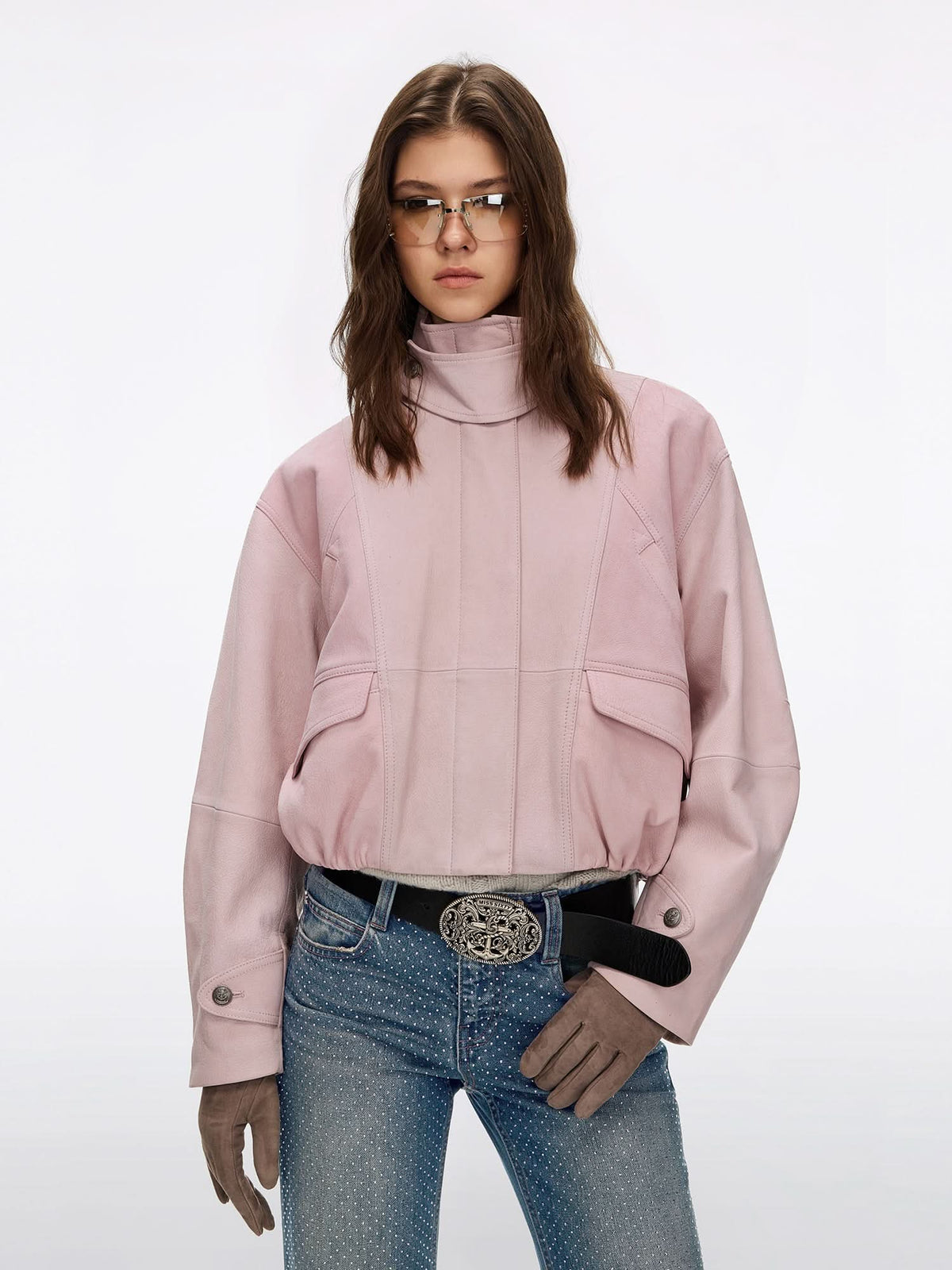 Stand-Collar Leather Biker Jacket