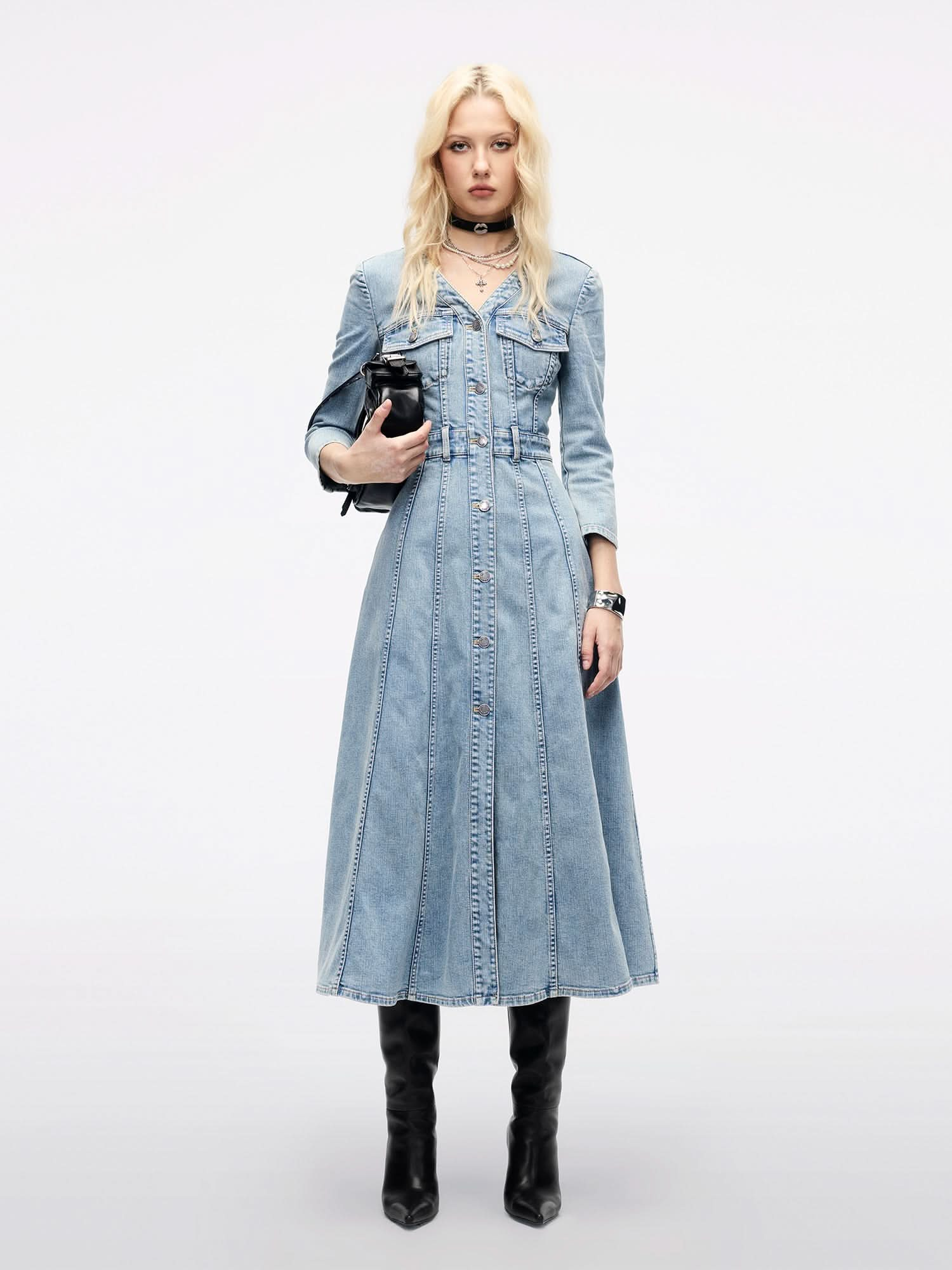 Waist-Tied Pleated Denim Dress