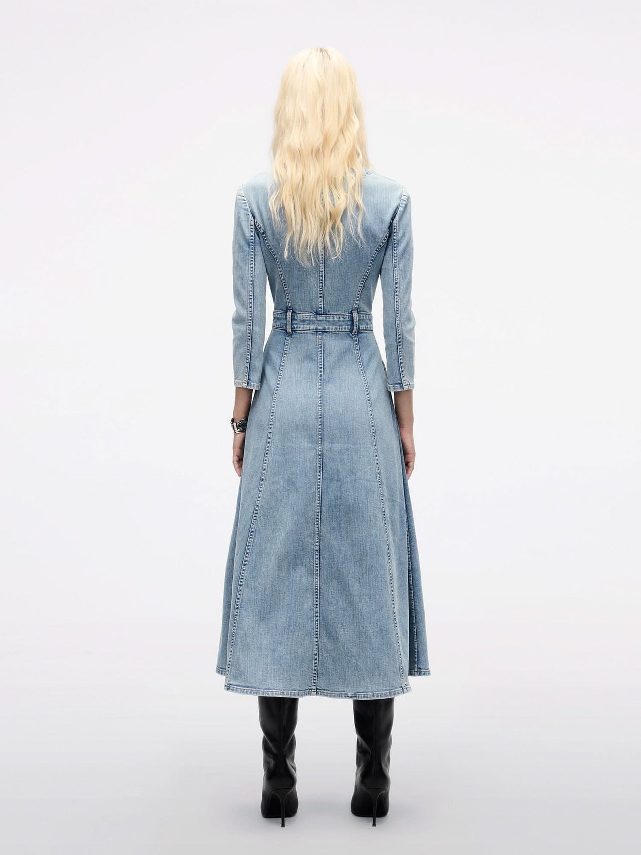 Waist-Tied Pleated Denim Dress