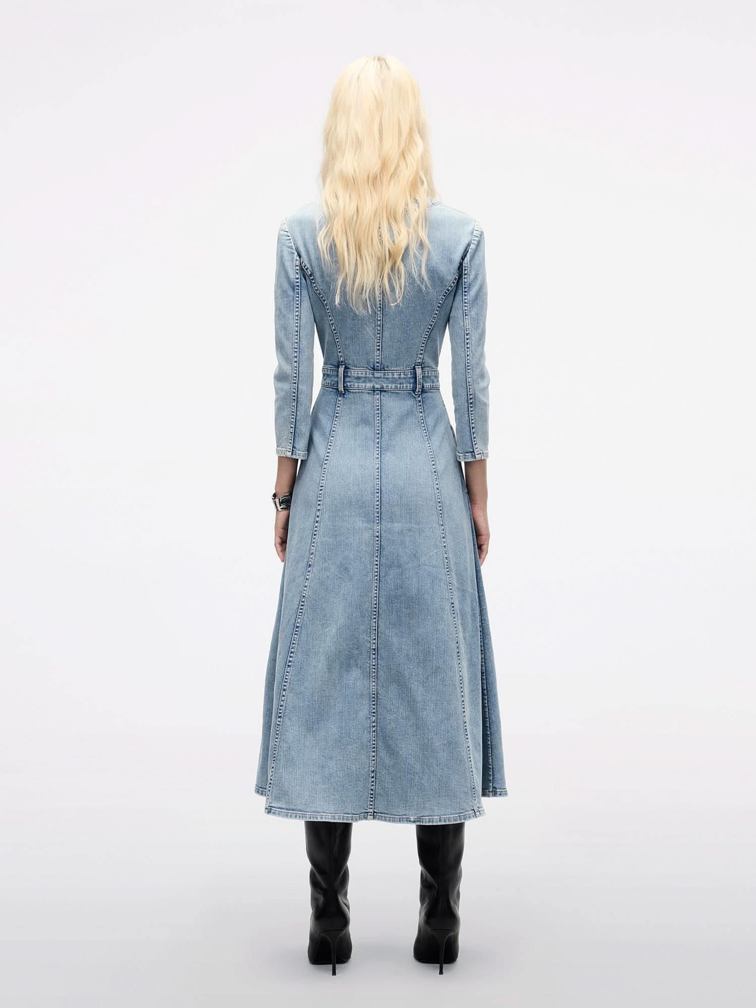 Waist-Tied Pleated Denim Dress