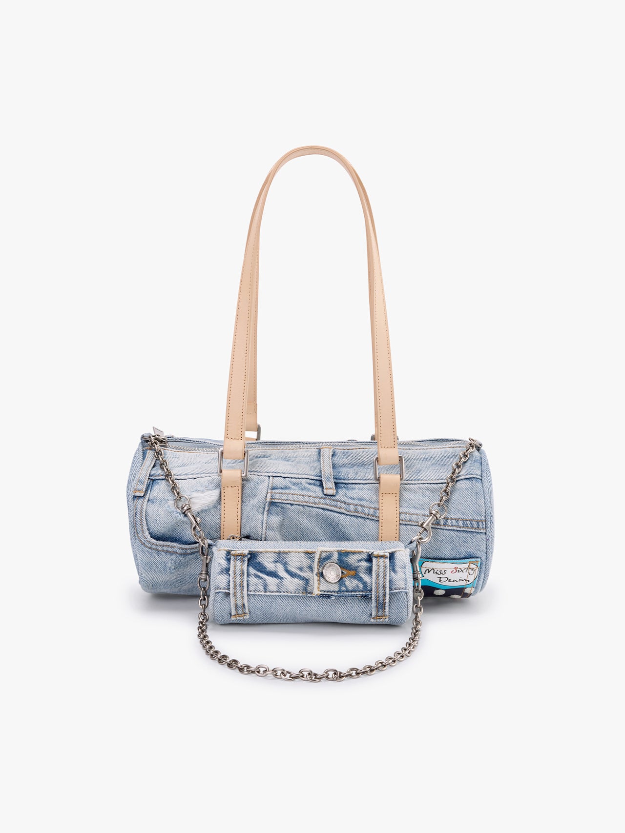 Denim Barrel Bag with Mini Pouch