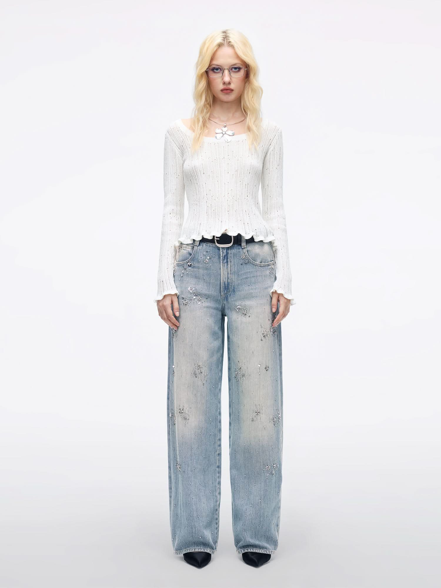 Beaded Straight-Leg Jeans