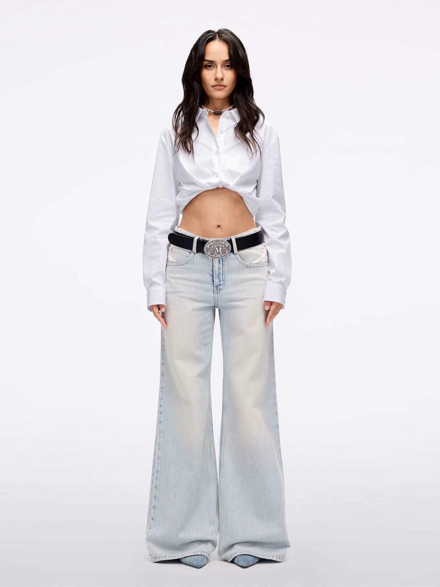 Wing-Embellished Beaded Flared Jeans