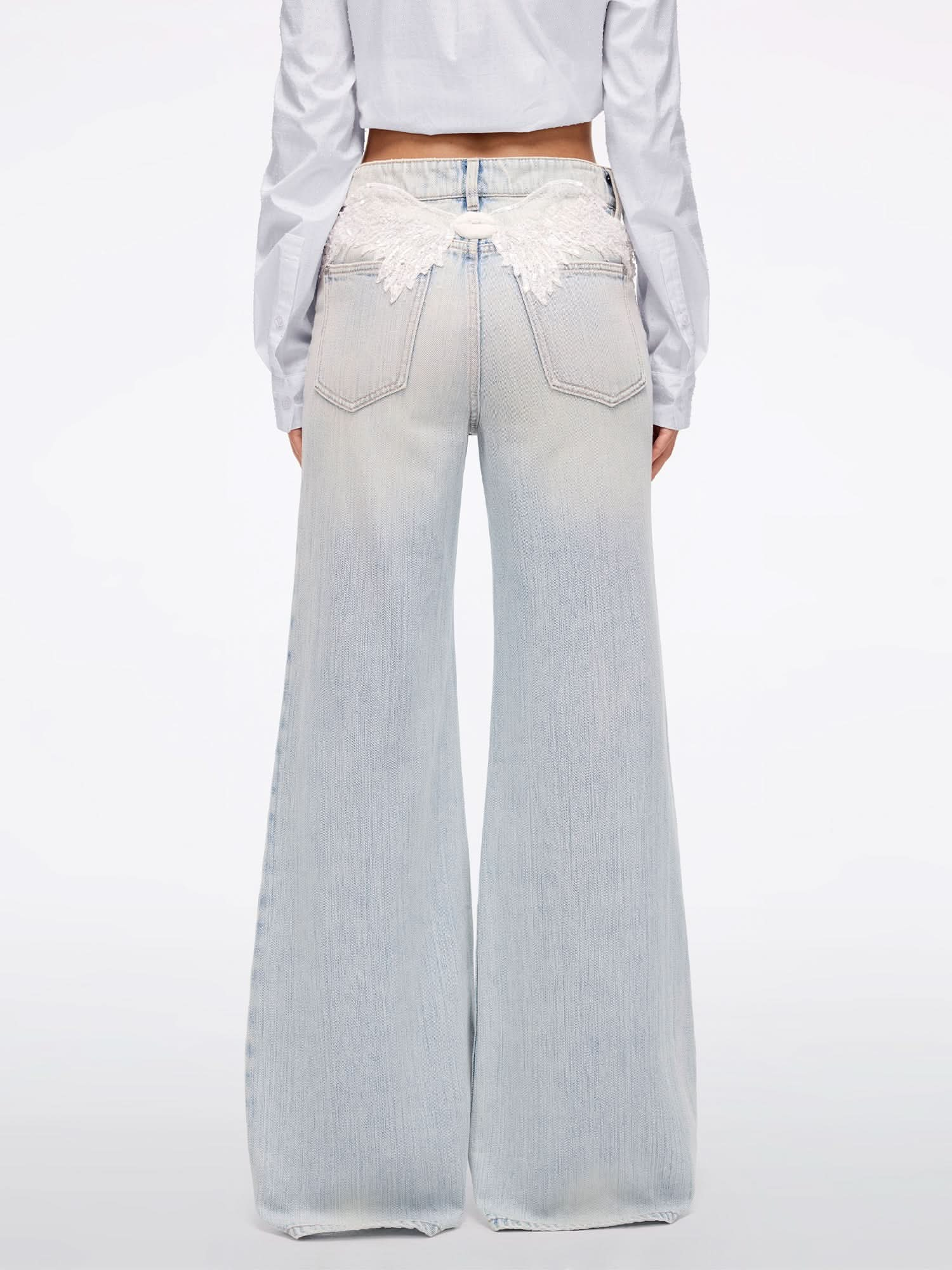 Wing-Embellished Beaded Flared Jeans