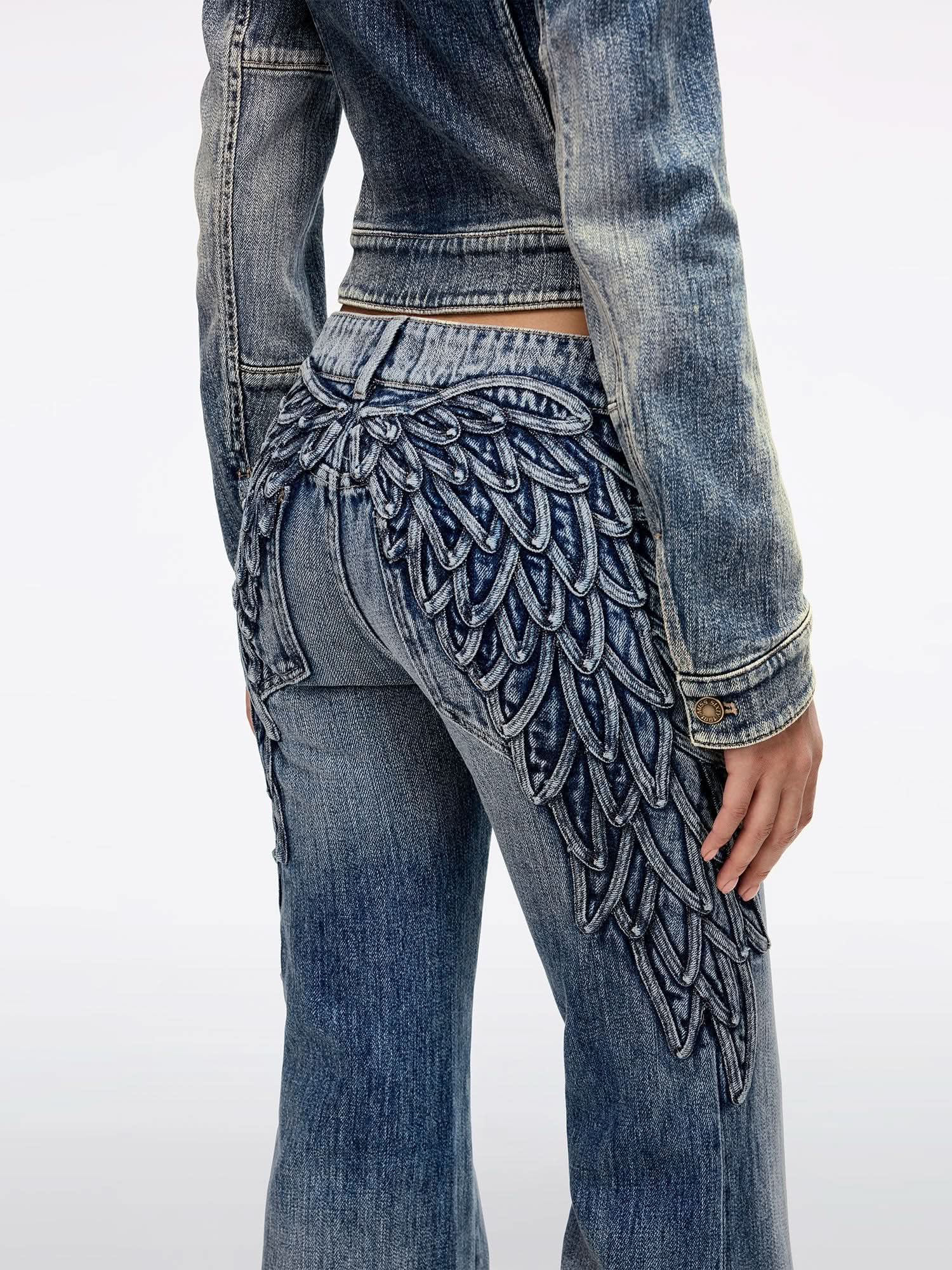 Wing-Embellished Beaded Flared Jeans