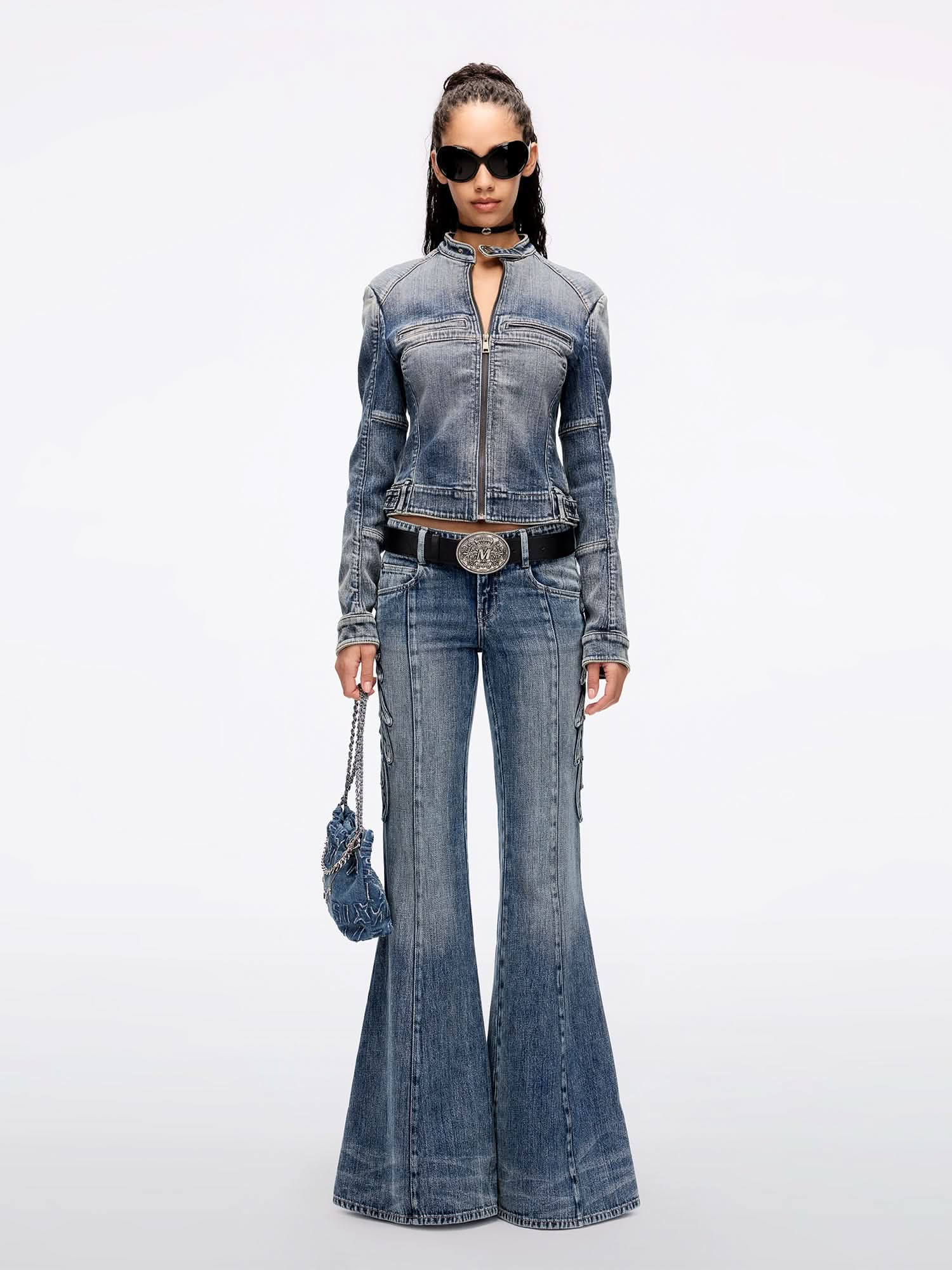 Wing-Embellished Beaded Flared Jeans